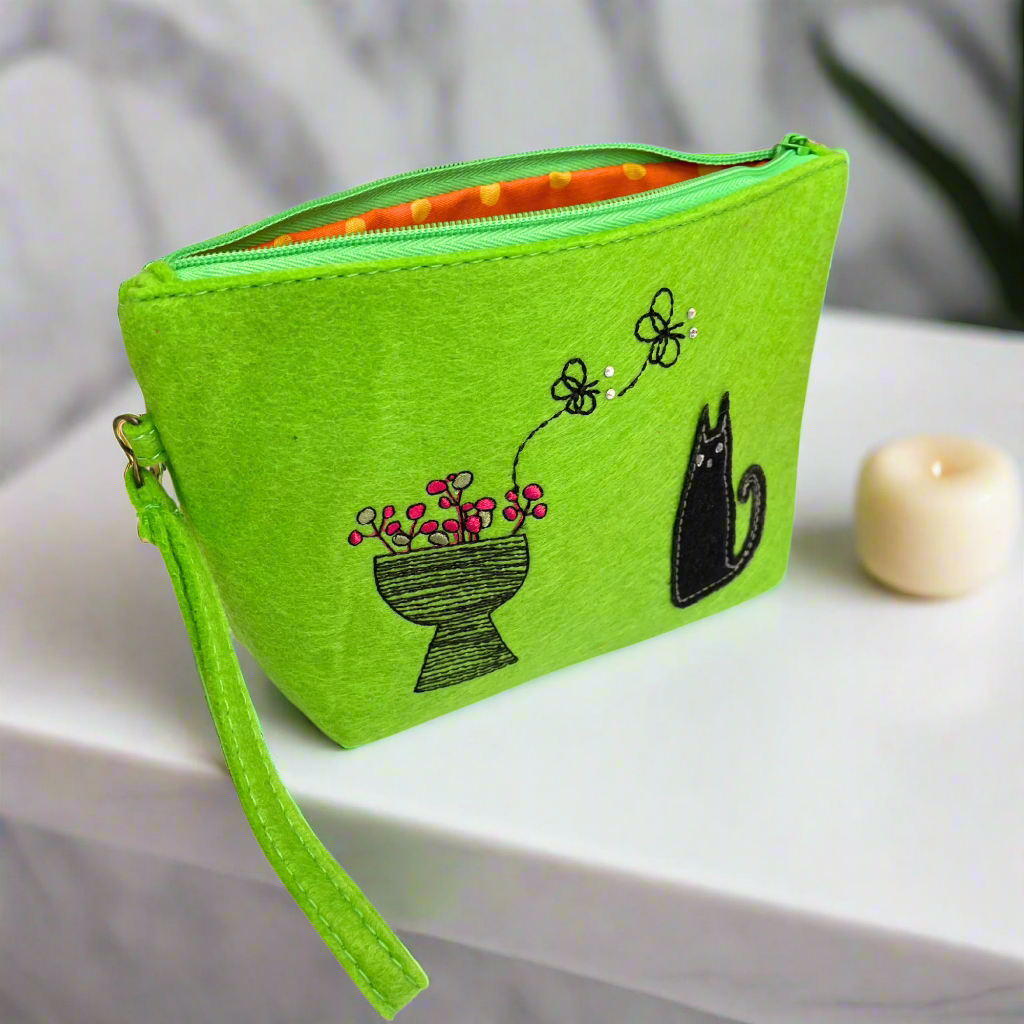 Lime Green Cat Embroidered Cosmetic Travel Bag by Hem & Edge – Waterproof Makeup Pouch (7.5 x 5 x 2 inches) for Women's Toiletries & Travel Essentials | Perfect for Vacation, Gym, and Daily Use