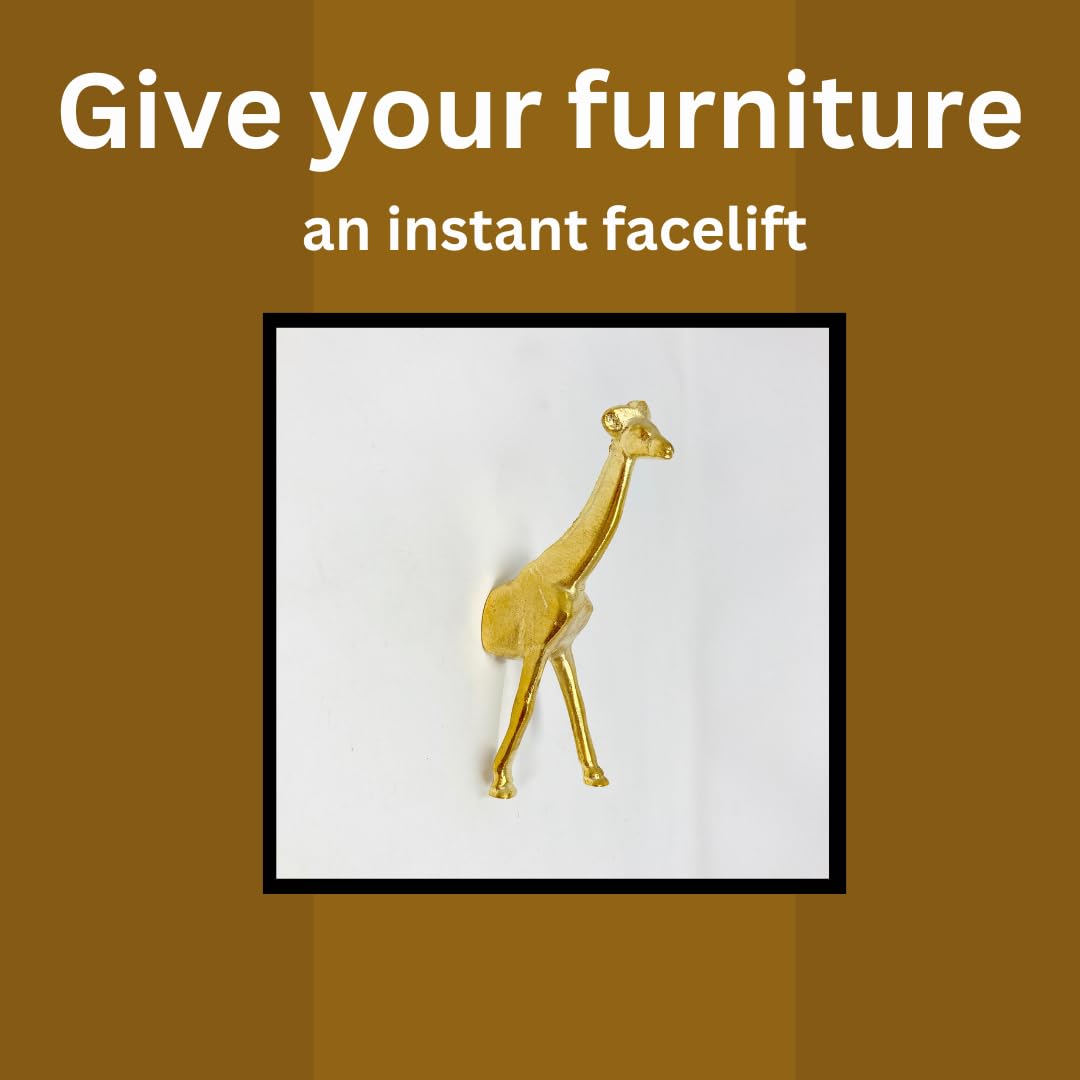 Gold Safari Animal Iron Metal Drawer Knobs - Giraffe Design Cabinet Pulls for Dresser, Wardrobe & Furniture (Set of 6) - Perfect for Kids Room, Nursery & Jungle-Themed Decor