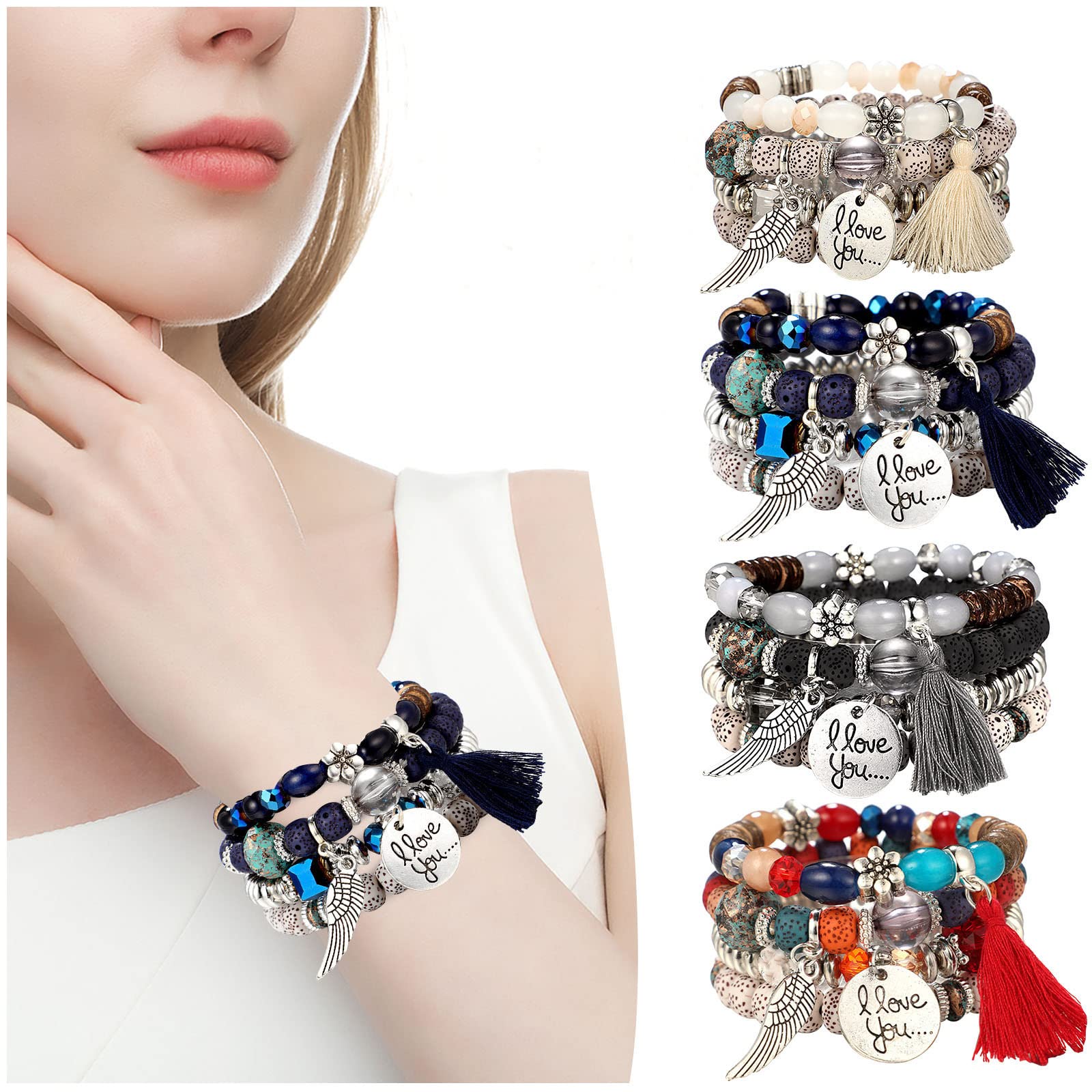 Bohemian Stretch Beaded Bracelets for Women - 4 Pack Multilayer Stackable Bracelet Set, Colorful Adjustable Bangle Jewelry for Casual Wear, Festival & Gift Giving