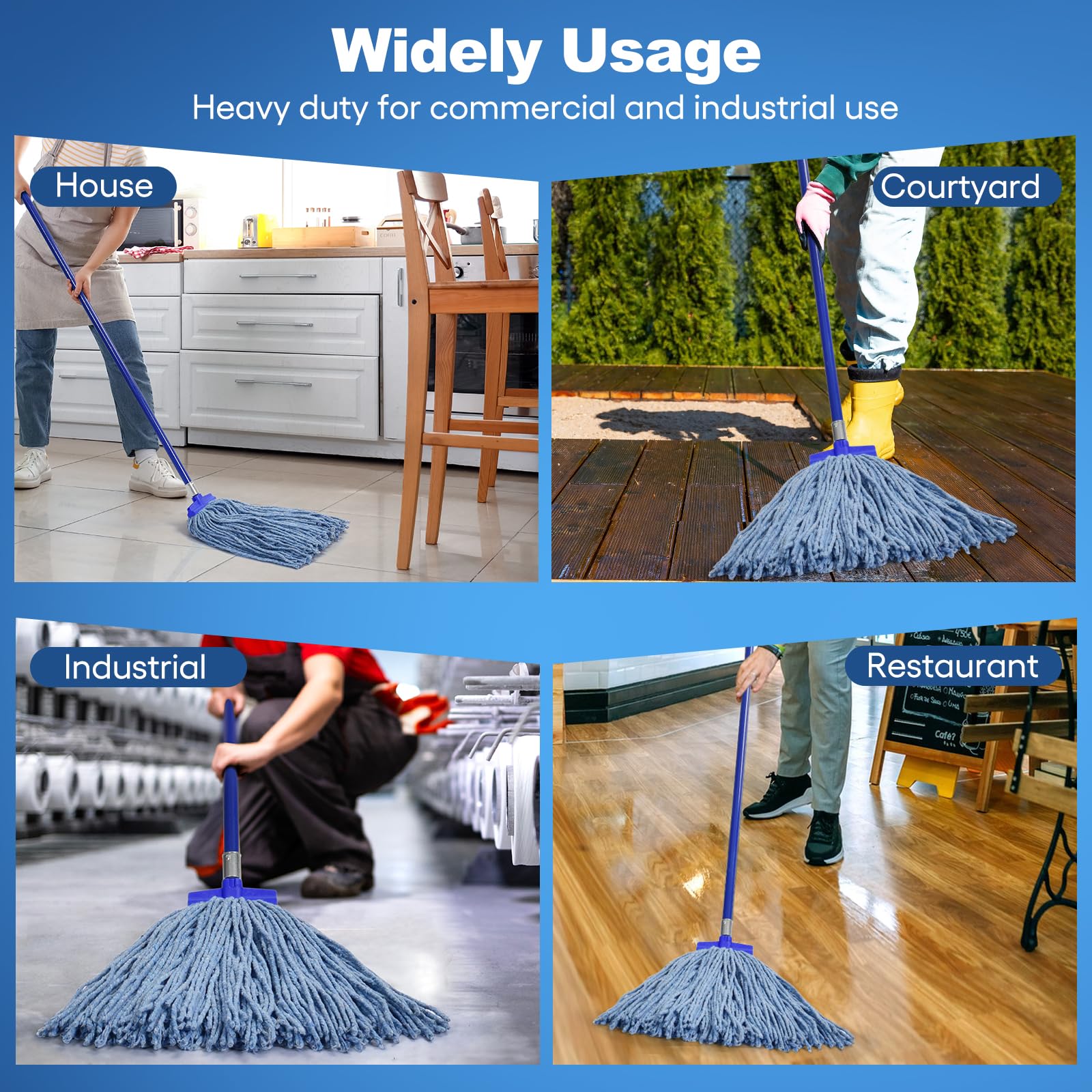 Heavy Duty Cotton Wet Mop Heads (3-Pack) with Microfiber Cloths - for Home & Commercial Cleaning