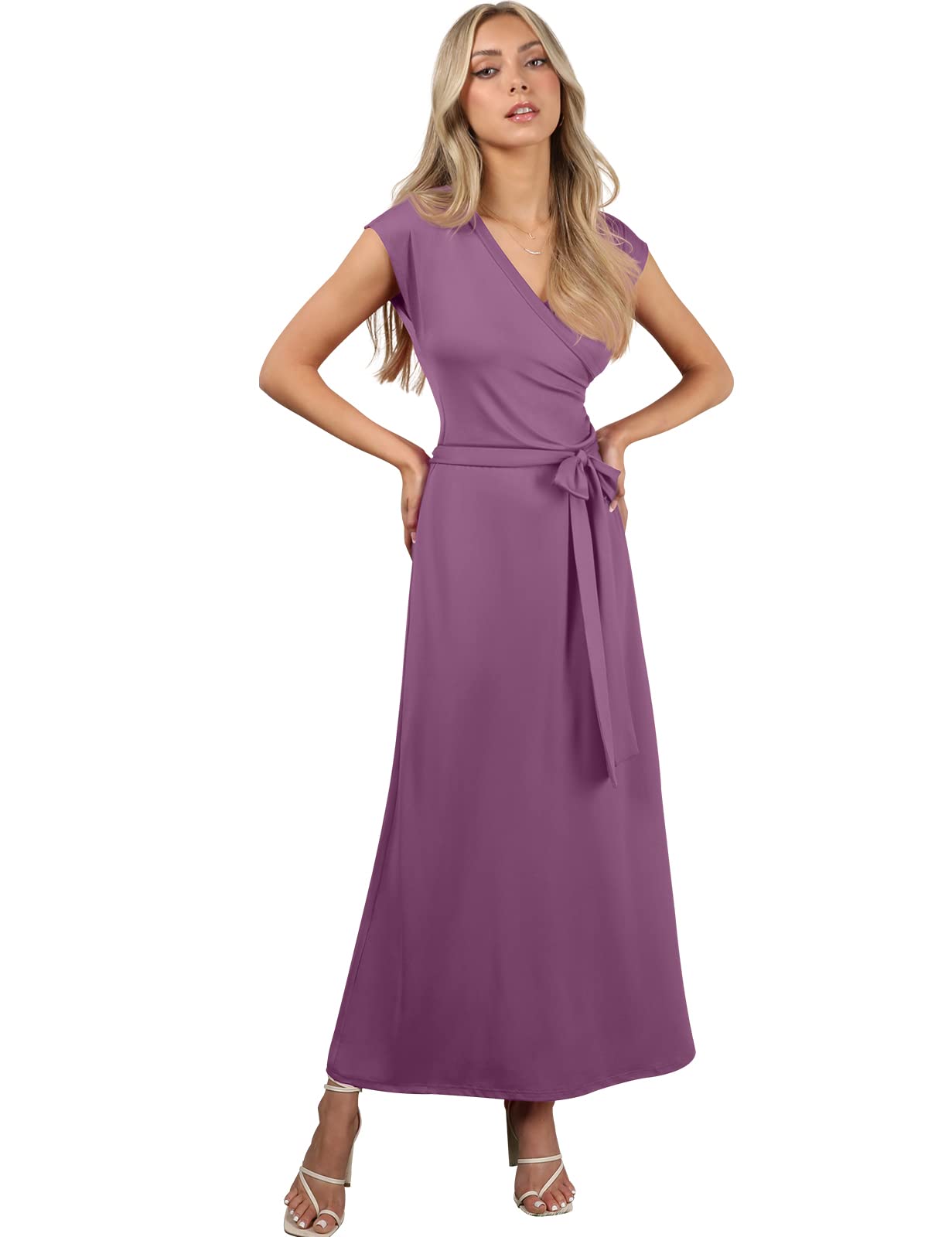 NINEXIS Women's V-Neck Cap Sleeve Wrap Front Maxi Dress - Flattering Summer Beach Dress for Vacation, Date Night & Casual Outings