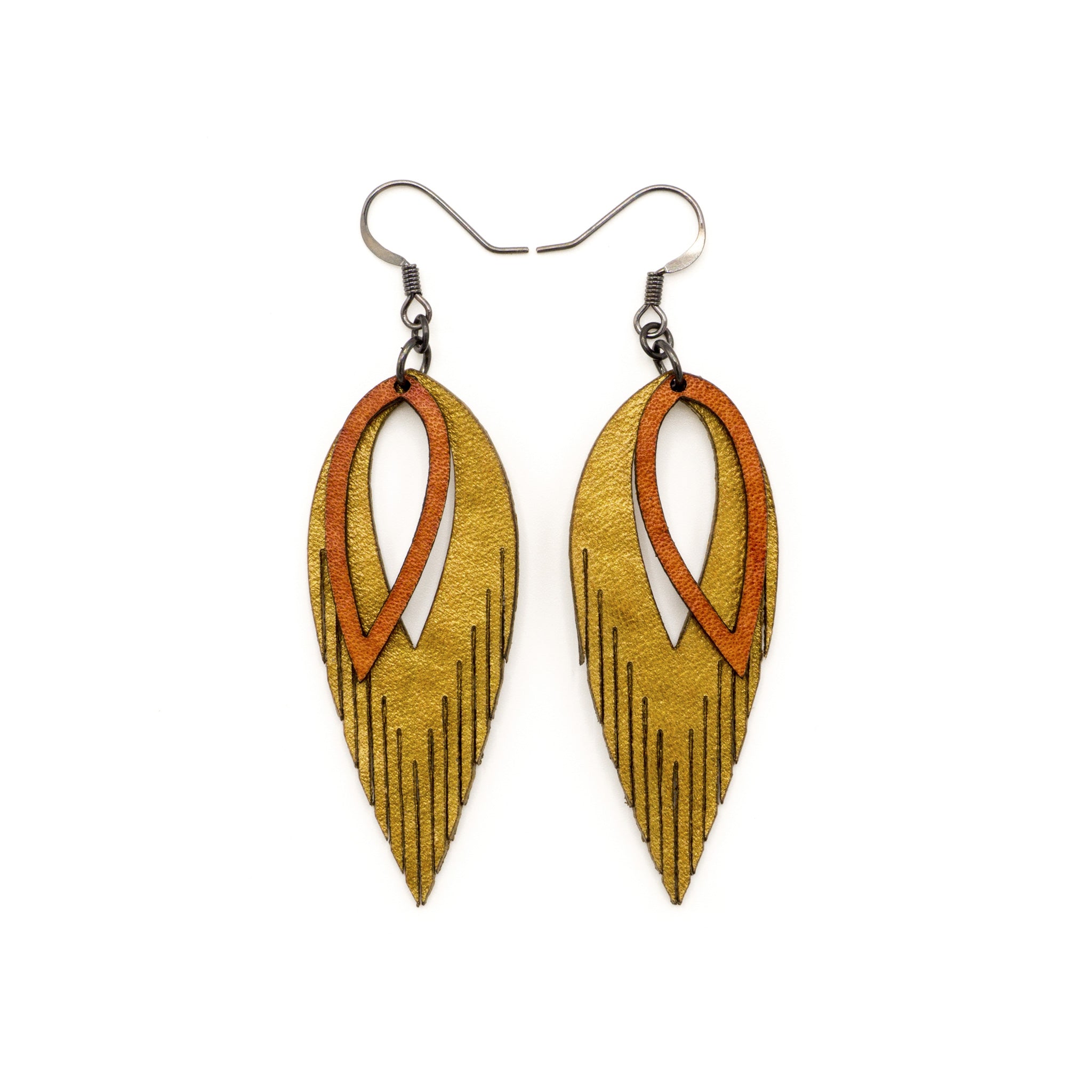 2 Layer Genuine Leather Earrings in Gold & Red - Elegant Boho Dangle Earrings for Women, Perfect for Parties, Weddings & Everyday Wear