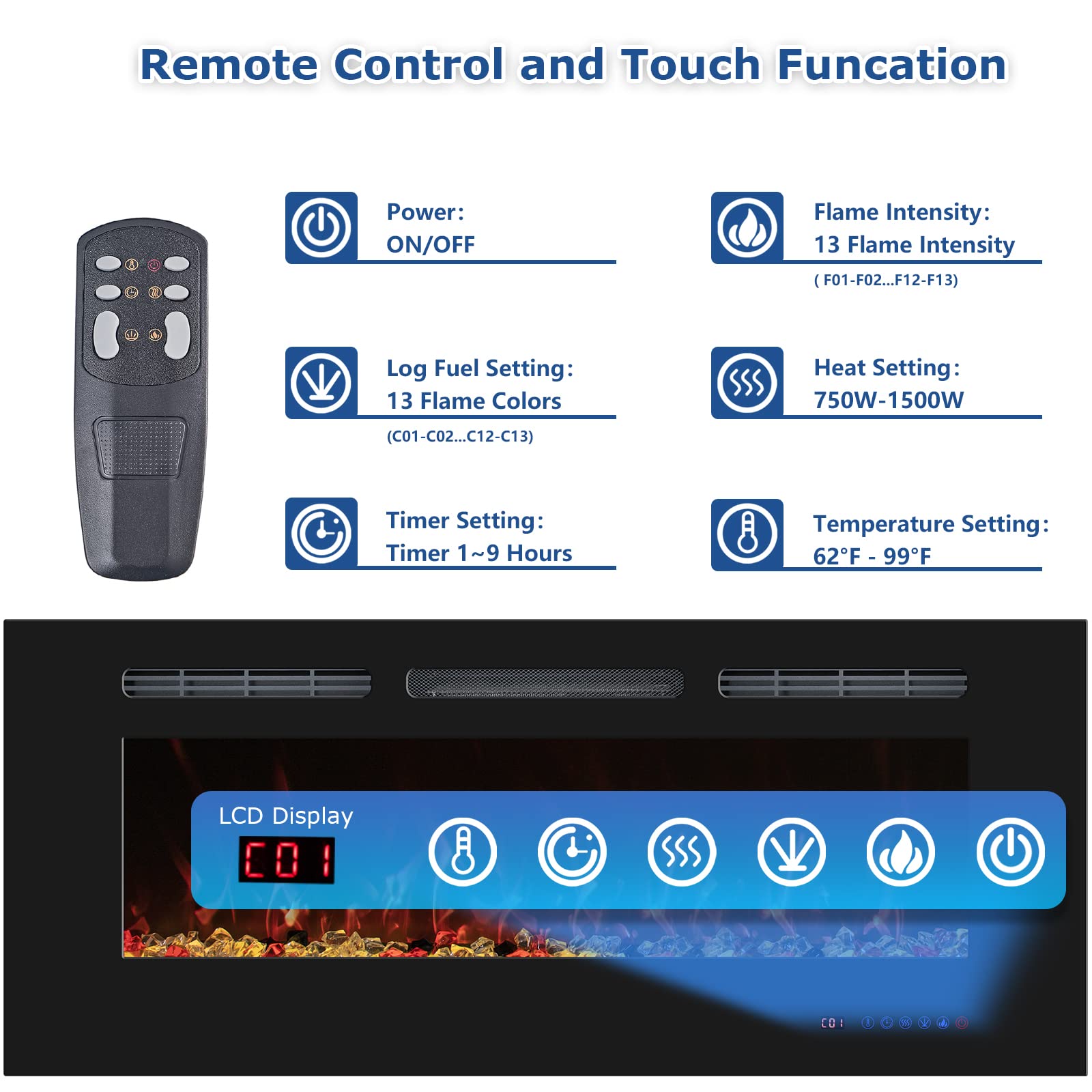 50 Inch Recessed Electric Fireplace Insert - Wall Mounted Fireplace Heater with Remote Control, Timer & 13 Adjustable Flame Settings (750W/1500W) - Perfect for Living Rooms, Bedrooms & Home Decor