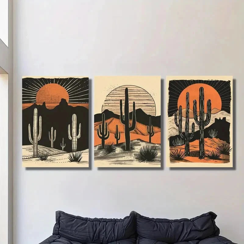 3-Piece Desert Cactus Sunset Wall Art Set - Framed Canvas Prints 40x60cm - High Quality Australian Made Ready-to-Hang Wall Decor for Living Room, Bedroom & Office