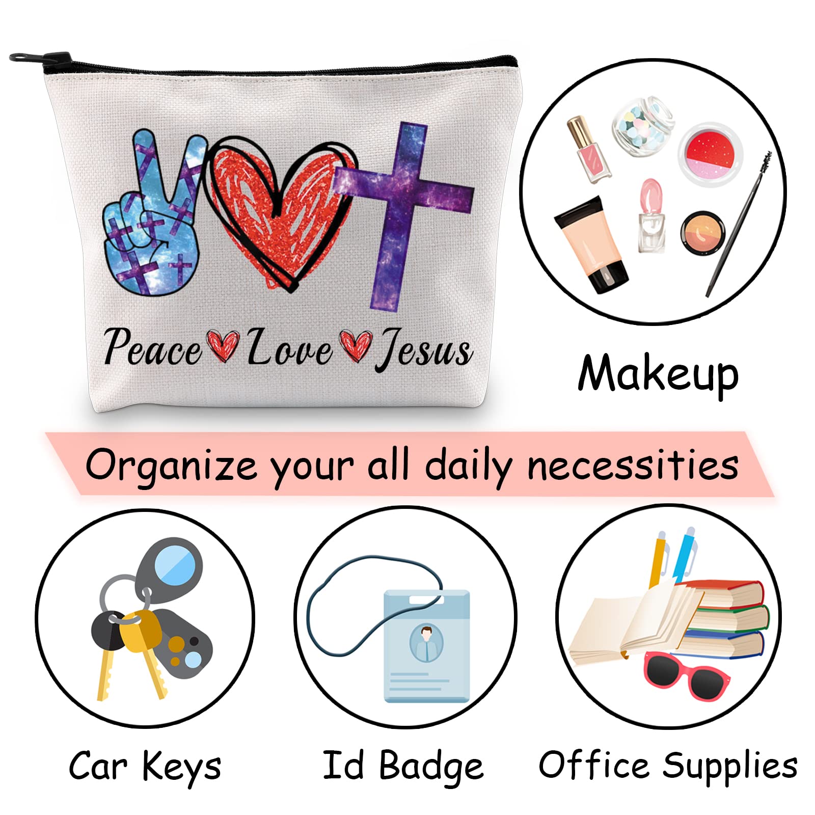 JXGZSO First Communion Gifts - Inspirational Christian Cosmetic Bag with Peace Love Jesus Design, Perfect for Religious Graduation & Confirmation Gifts - Ideal Makeup Travel Bag for Church Events, Bible Study & Spiritual Retreats