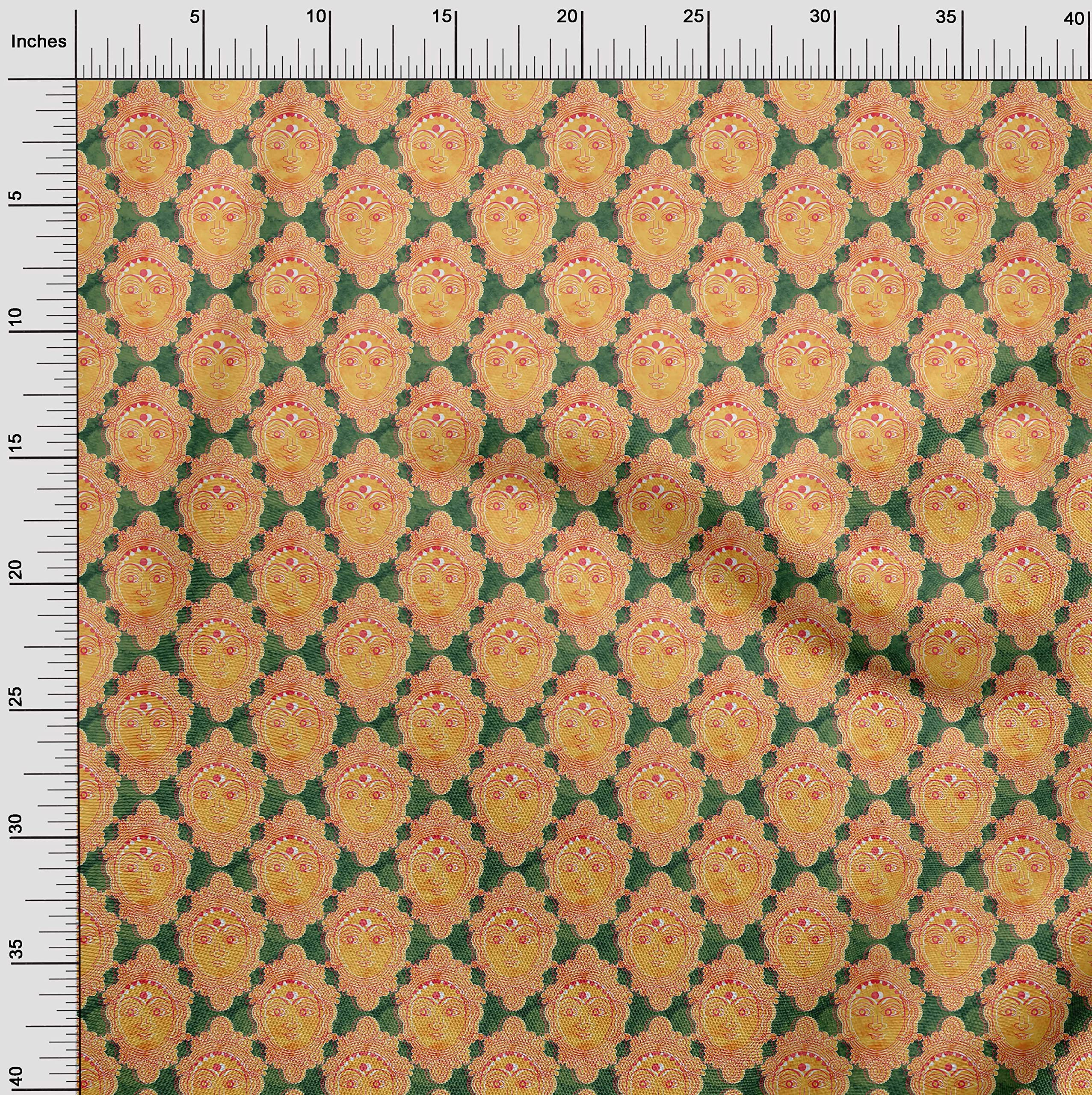 oneOone Velvet Green Kalamkari Printed Fabric by The Yard - 58 Inch Wide DIY Sewing Material for Clothing, Home Decor & Crafts | Premium Cotton Fabric for Dresses, Curtains & Quilting