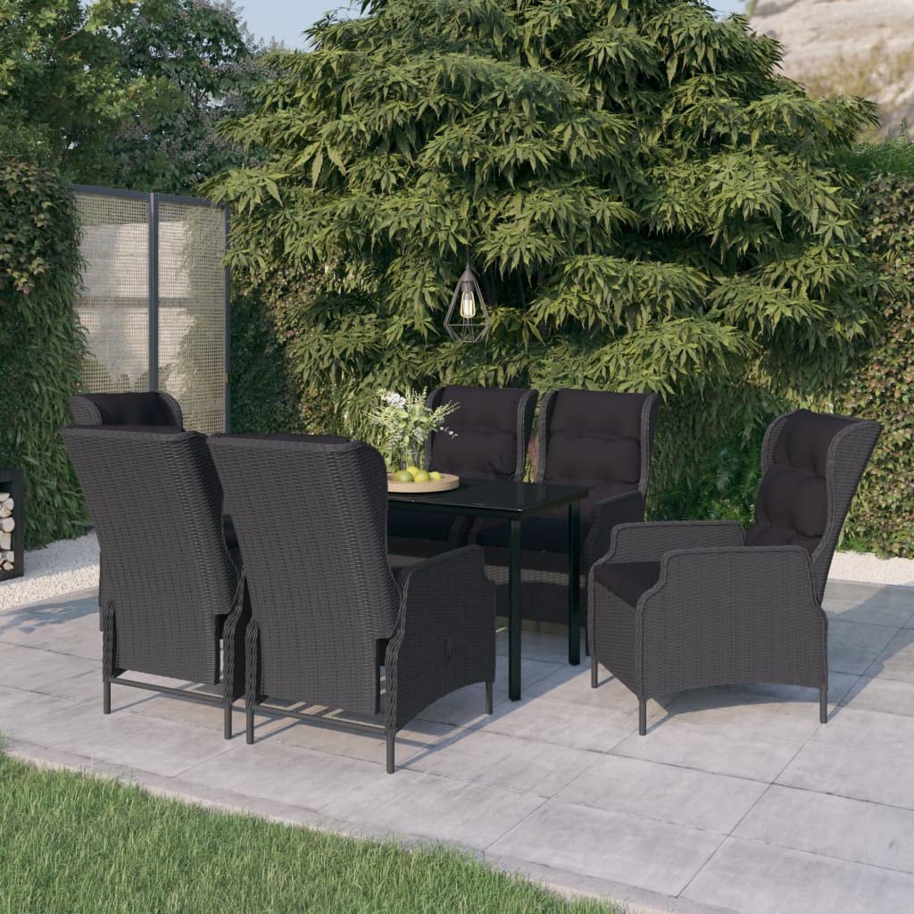 vidaXL 7-Piece Outdoor Patio Dining Set with Adjustable Reclining Rattan Chairs & Tempered Glass Table - Weather-Resistant Garden Furniture for Backyard, Poolside, BBQ Parties & Relaxing Afternoons - Dark Gray