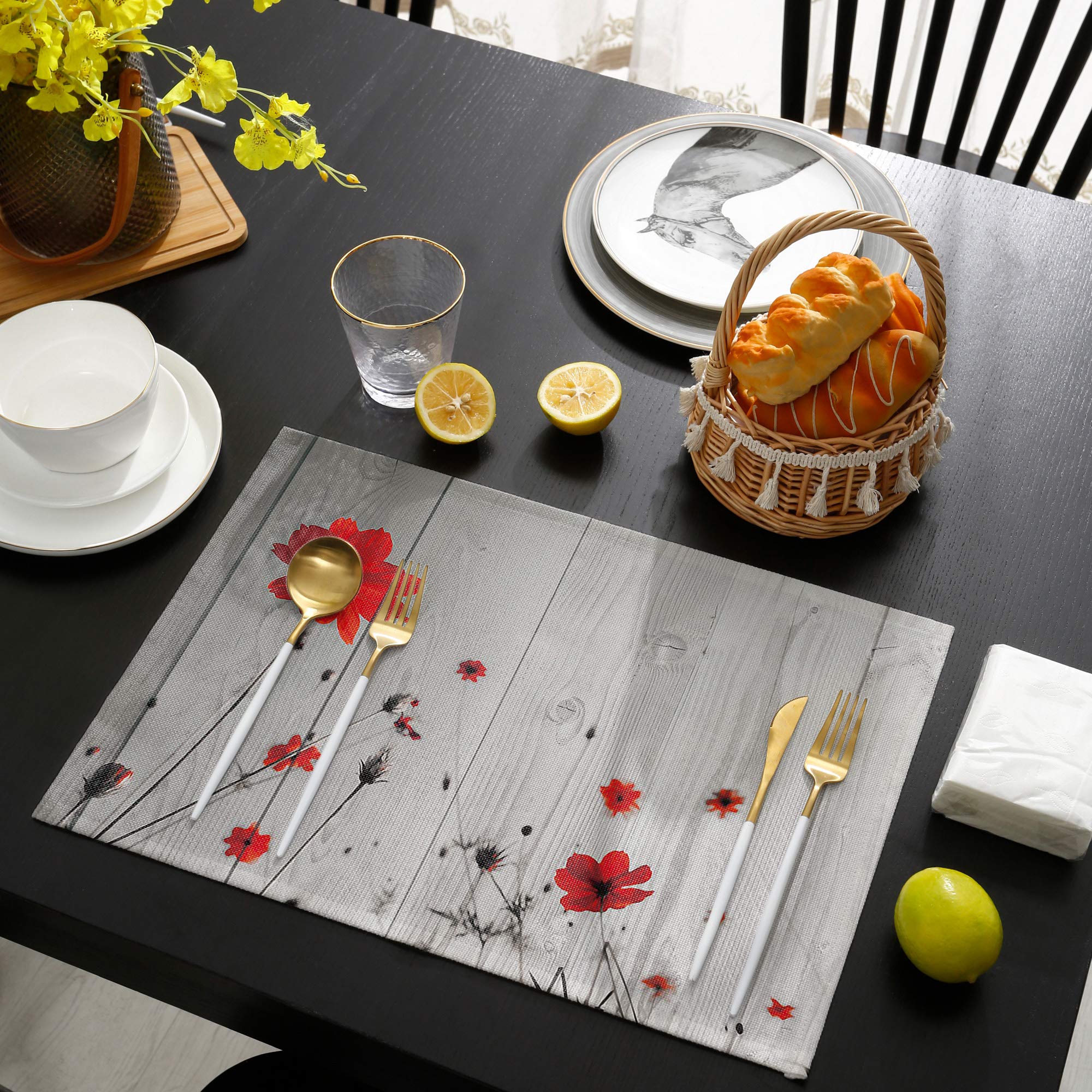 Red Poppy Flowers Placemats Set of 6 - 13x19 Inch Rustic Grey Farmhouse Cotton Linen Table Mats for Kitchen & Dining Room Decor, Washable Floral Placemats for Everyday Use, Dinner Parties & Holiday Entertaining