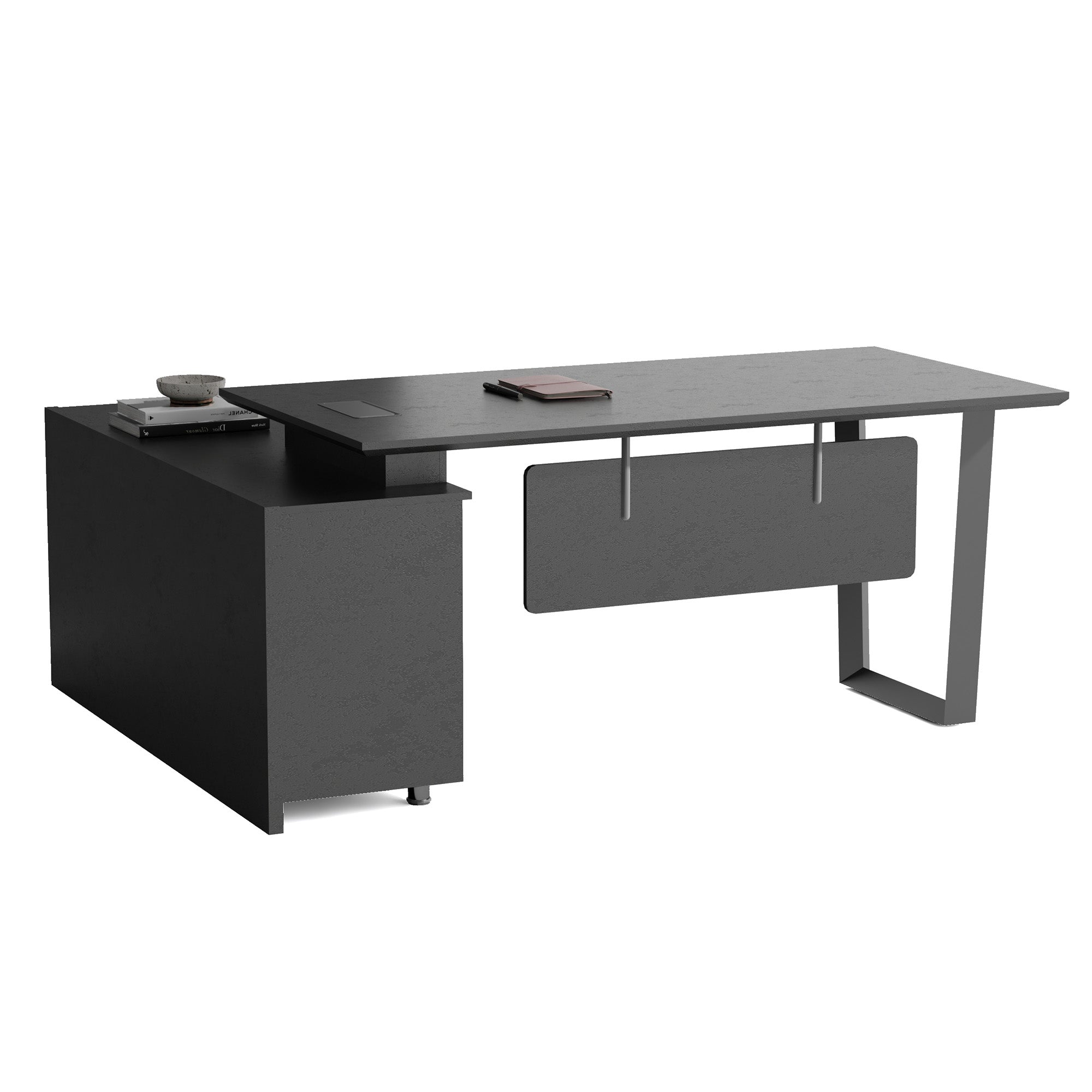 ADRIANO Black Executive Office Desk - Reversible 165-180cm, Black Concrete Finish - Perfect for Home Office, Conference Room & Modern Workspace