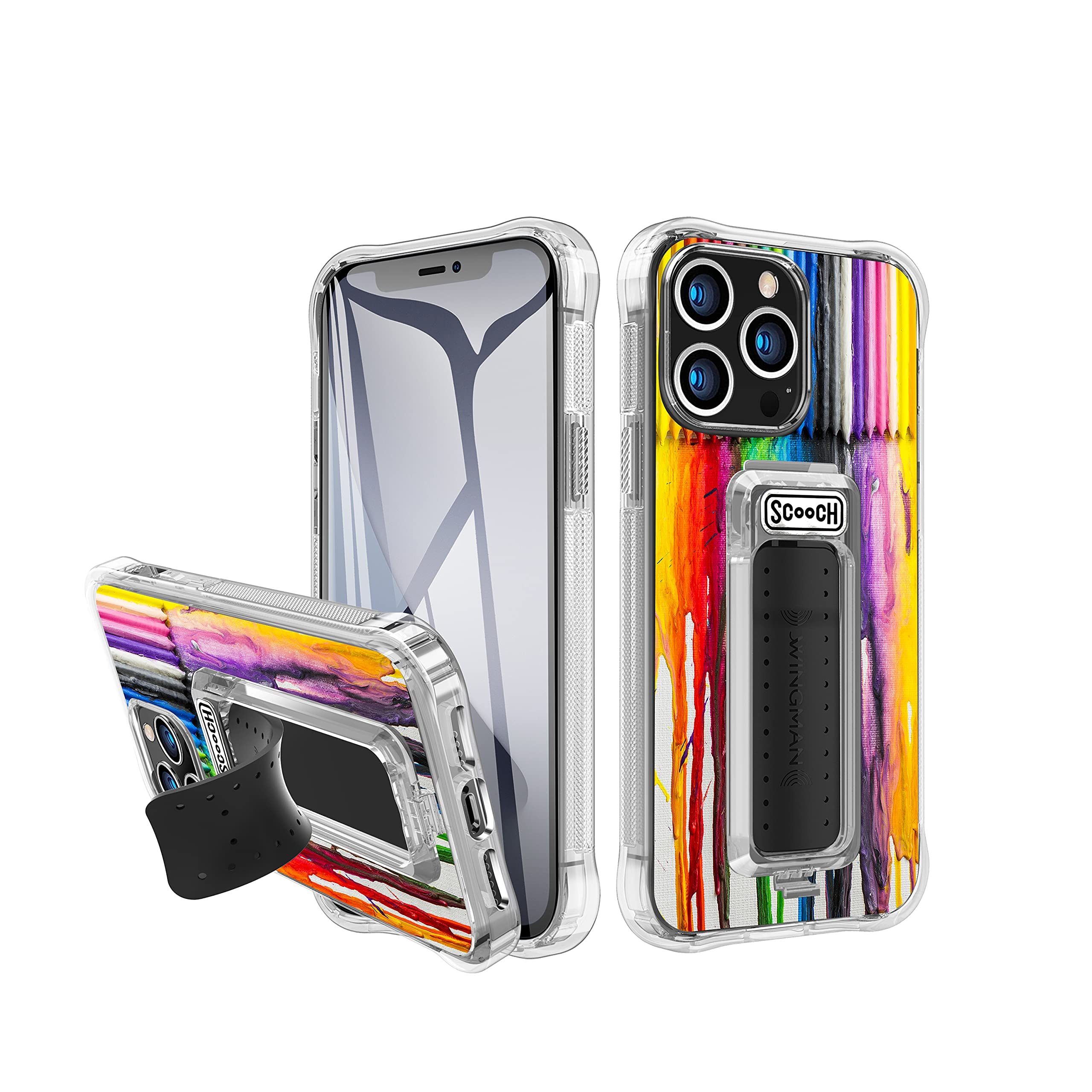 Scooch iPhone 13 Pro Case with Stand - Slim Protective Cover with Phone Grip & Car Vent Mount [Wingman Series] | 10ft Drop Protection | Magnetic Car Mount Compatible | Clear/Melted Crayon Colors | Perfect for Driving, Work & Everyday Use