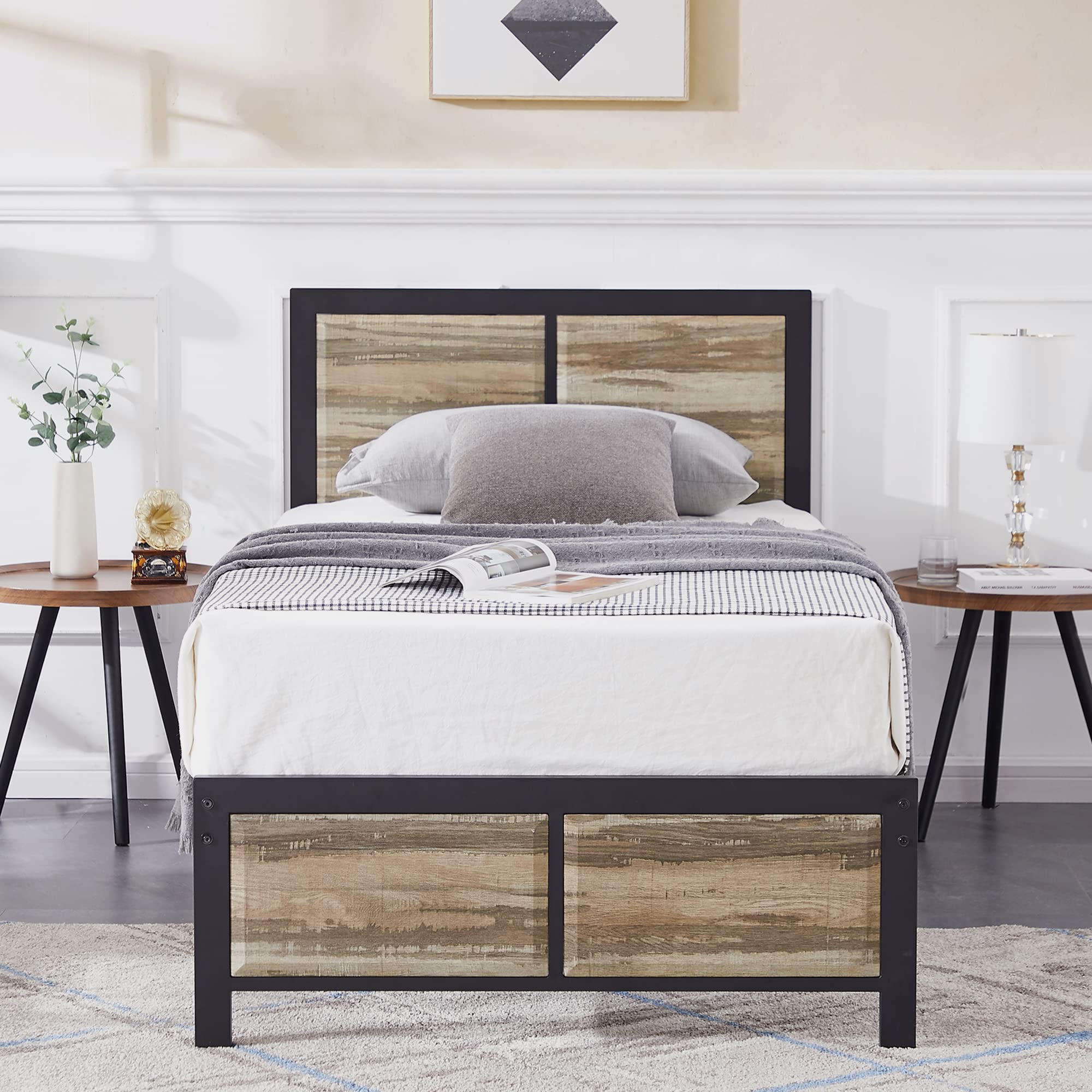 VECELO Twin Size Platform Bed Frame with Grey Oak Vintage Wood Headboard - Sturdy Metal Slats Support, No Box Spring Needed | Perfect for Small Bedrooms, Guest Rooms & Dorm Rooms