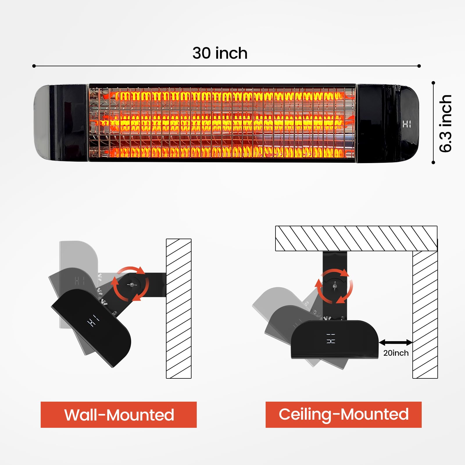 Chomalhari 1500W Infrared Electric Patio Heater with Remote Control - Wall & Ceiling Mount Outdoor Heater for Backyard, Deck, Garage, Greenhouse - Black - Perfect for Winter Evenings & Outdoor Dining