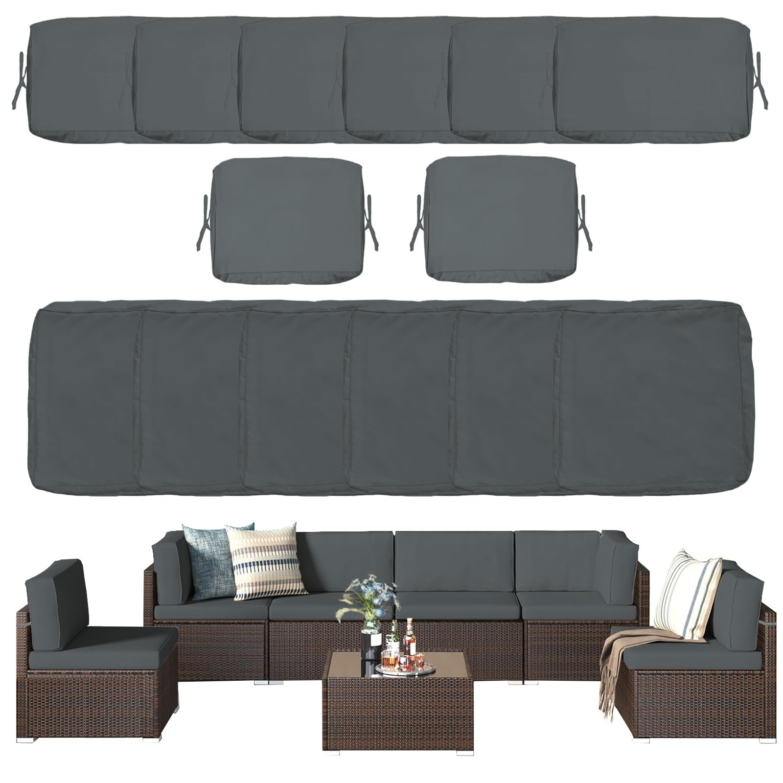 Waterproof Outdoor Cushion Covers Set of 14 - Washable Patio Furniture Covers with Zipper & Ties for Wicker Rattan Sectional Sofa & Chairs (Dark Gray) - Perfect for Backyard, Deck, Poolside & Garden Seating Protection