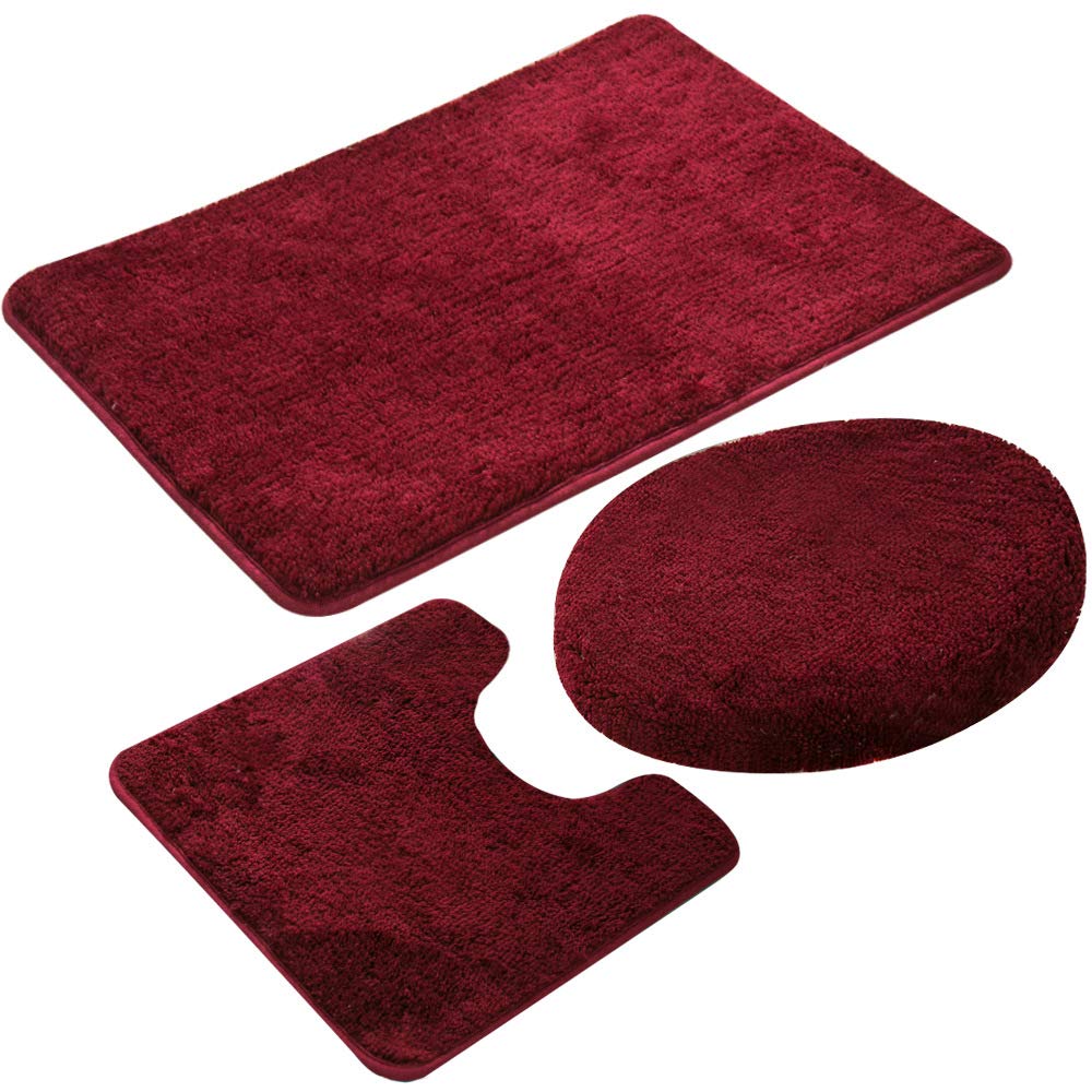 MIFXIN 3-Piece Bath Rug Set - Anti-Slip Absorbent Soft Bathroom Mats with U-Shaped Toilet Mat, Shower Floor Mat & Toilet Lid Cover (Red) - Perfect for Bathroom Safety and Comfort, Ideal for Home, Apartment, and Hotel Use