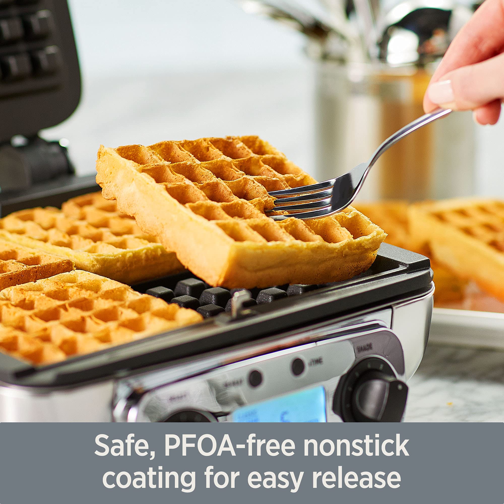 All-Clad 4-Slice Stainless Steel Waffle Maker with Digital Display & 7 Browning Levels - Square Belgian Waffle Iron with Removable Non-Stick Plates & Audible Alert - Dishwasher Safe for Easy Cleaning - Perfect for Family Breakfasts, Brunch Parties & Holiday Gatherings