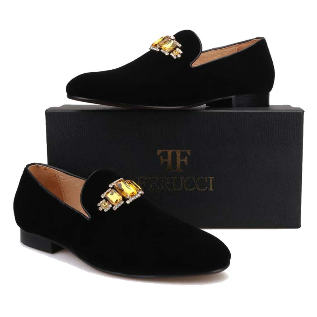 FERUCCI Handmade Men's Black Velvet Loafers with Gold Crystal Brooch - Elegant House Slippers for Indoor Comfort & Luxury Gift Giving