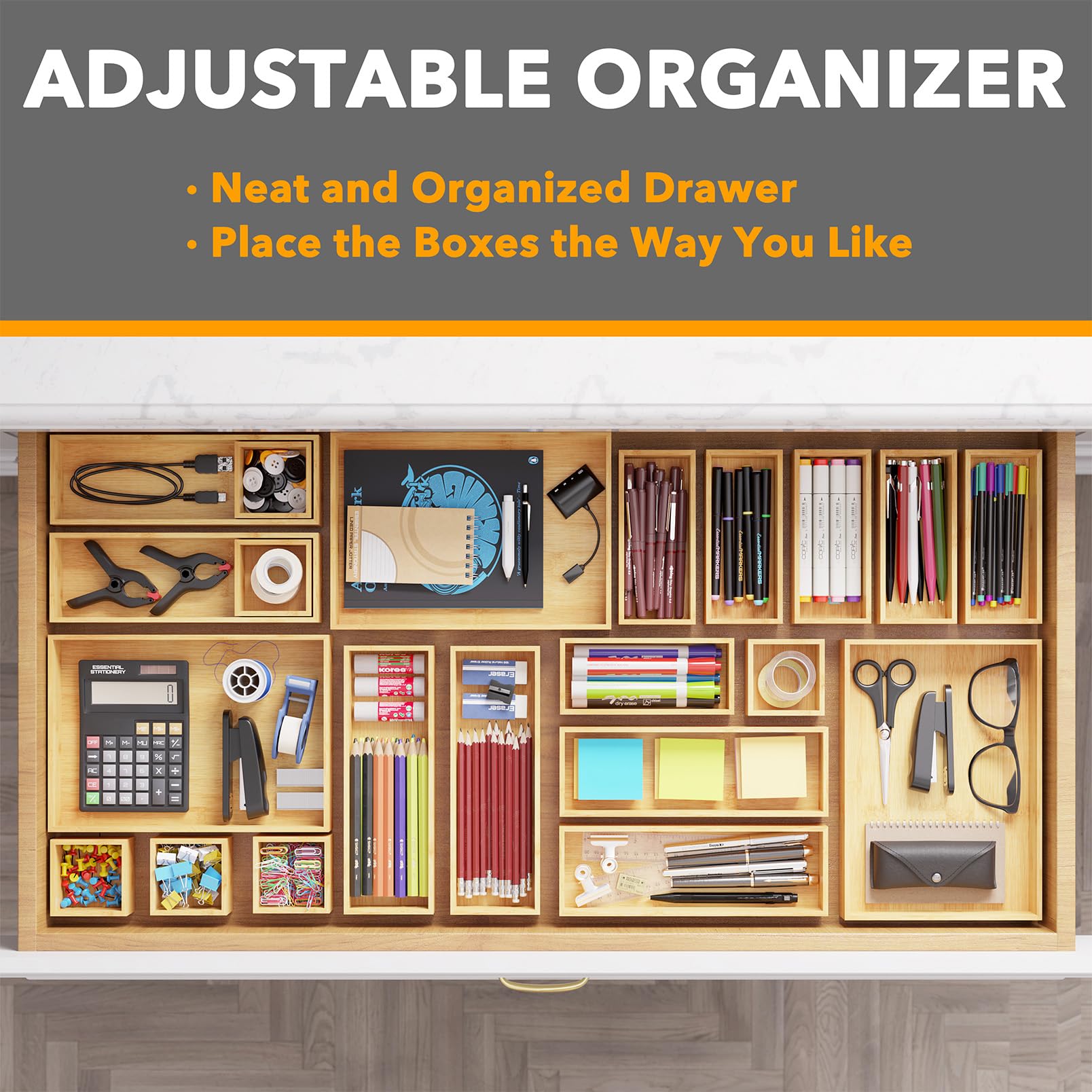 SpaceAid 21-Piece Bamboo Drawer Organizer Set - Wooden Storage Trays & Dividers for Kitchen, Bathroom, Office & Makeup Organization - Natural Bamboo Drawer Organizers (21 Pack) - Perfect for Decluttering Drawers, Organizing Utensils & Storing Small Items