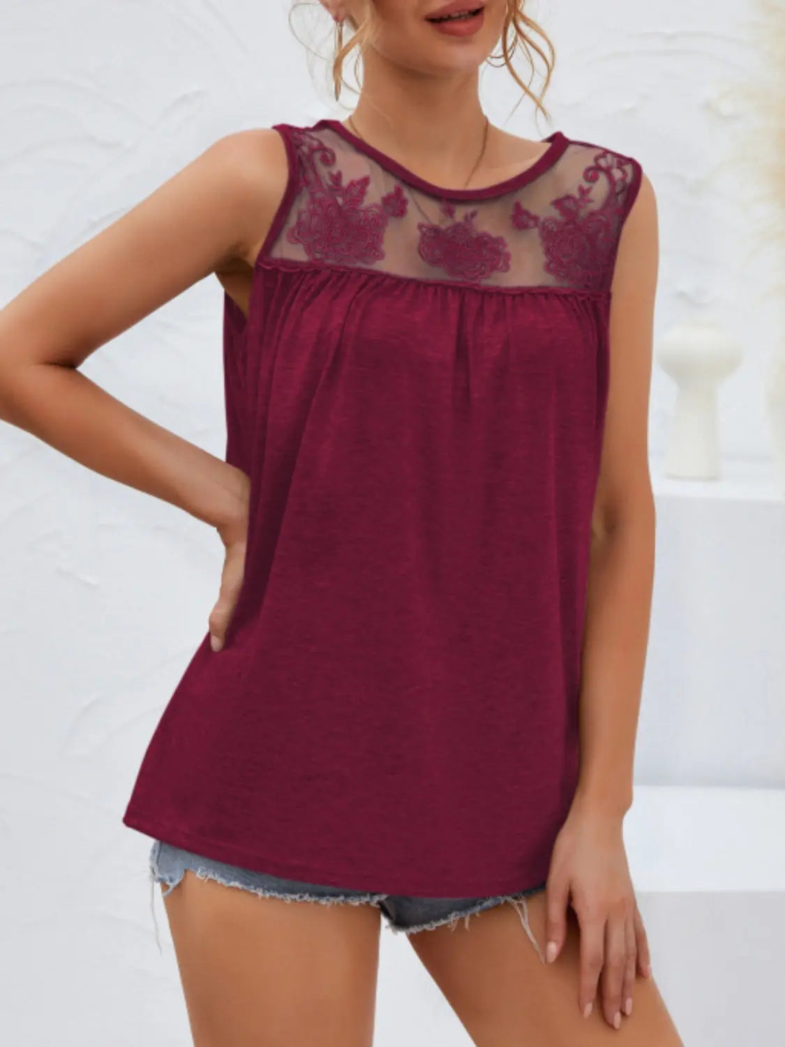 Lace Detail Round Neck Tank Top for Women - Elegant Summer Blouse with Floral Lace Trim | Perfect for Casual Wear, Beach Outfits & Date Nights