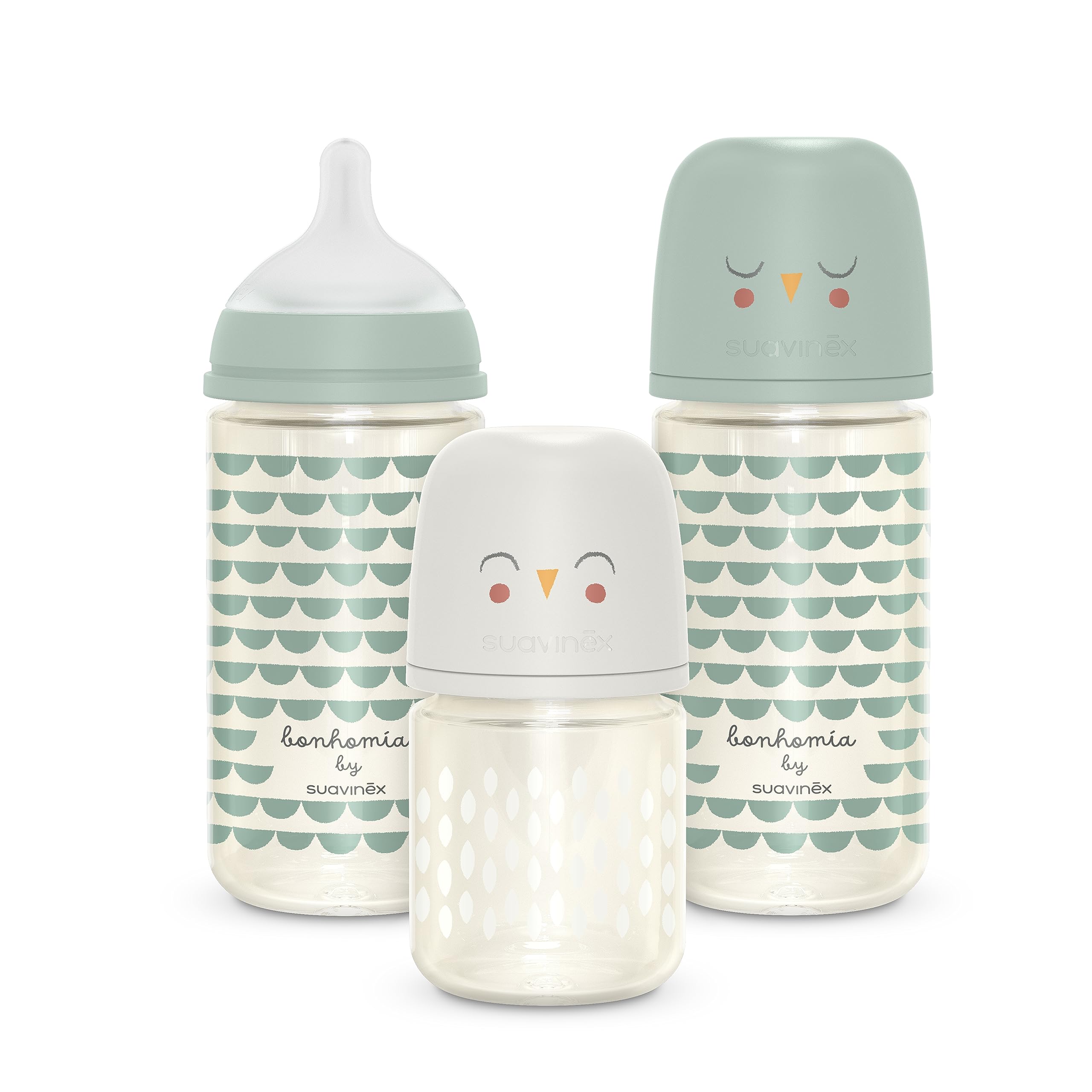 Suavinex Bonhomia Glass Baby Bottle with SX PRO Silicone Nipple - Anti Colic, BPA-Free, for Breastfed Babies - 3 Pack (Mint/Beige) - Perfect for Newborns, Infants & Toddlers at Home, Daycare or Travel