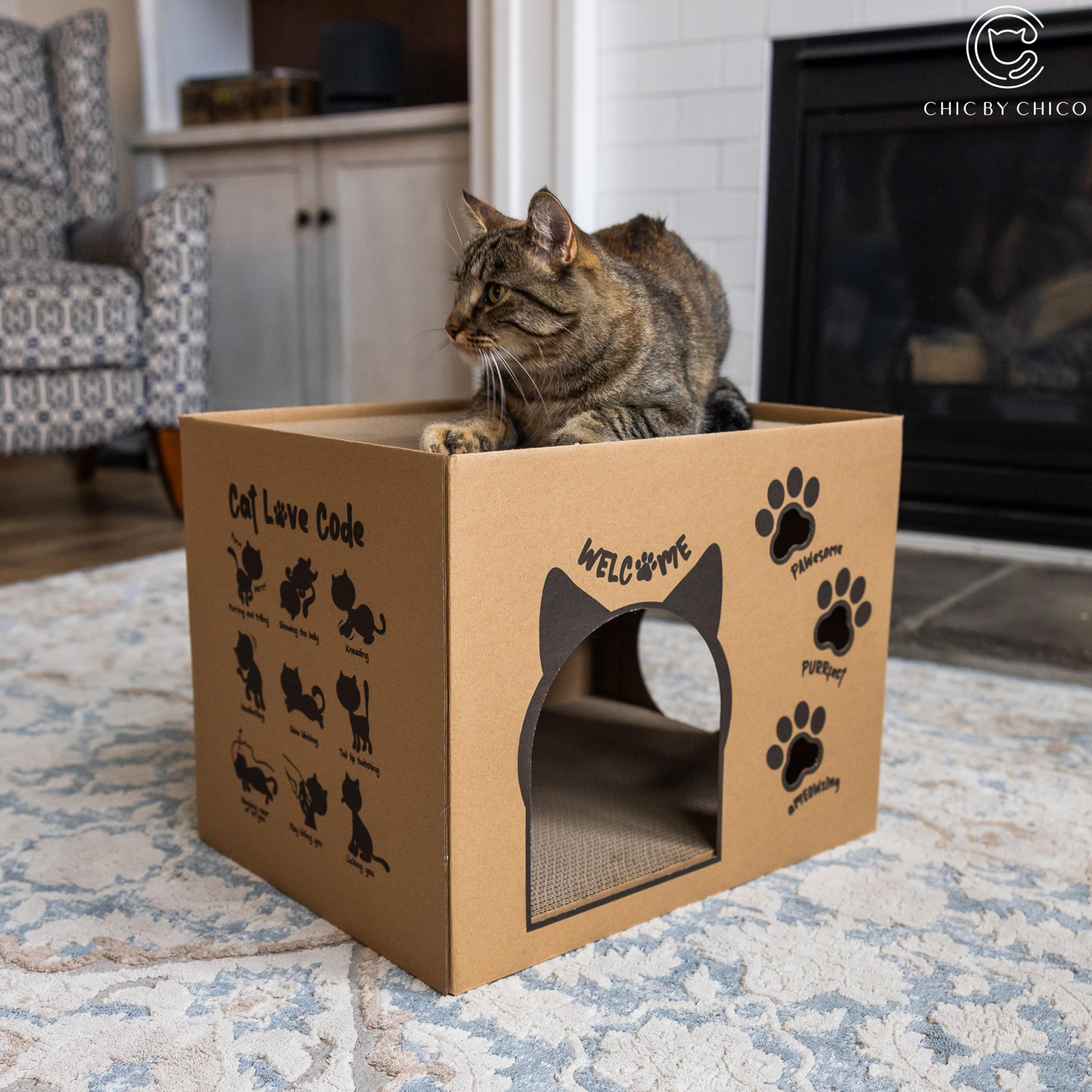 Premium Two-Level Cardboard Cat House with Scratching Pads & Catnip - Large Durable Cat Scratcher Lounge for Multiple Pets - 17.5