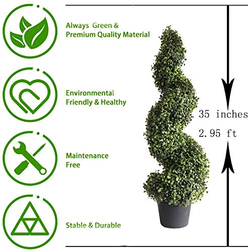 35 Inch Artificial Boxwood Spiral Topiary Trees Set of 2 - Faux Outdoor Topiary Plants in Black Pots for Patio, Garden, Porch & Home Decor