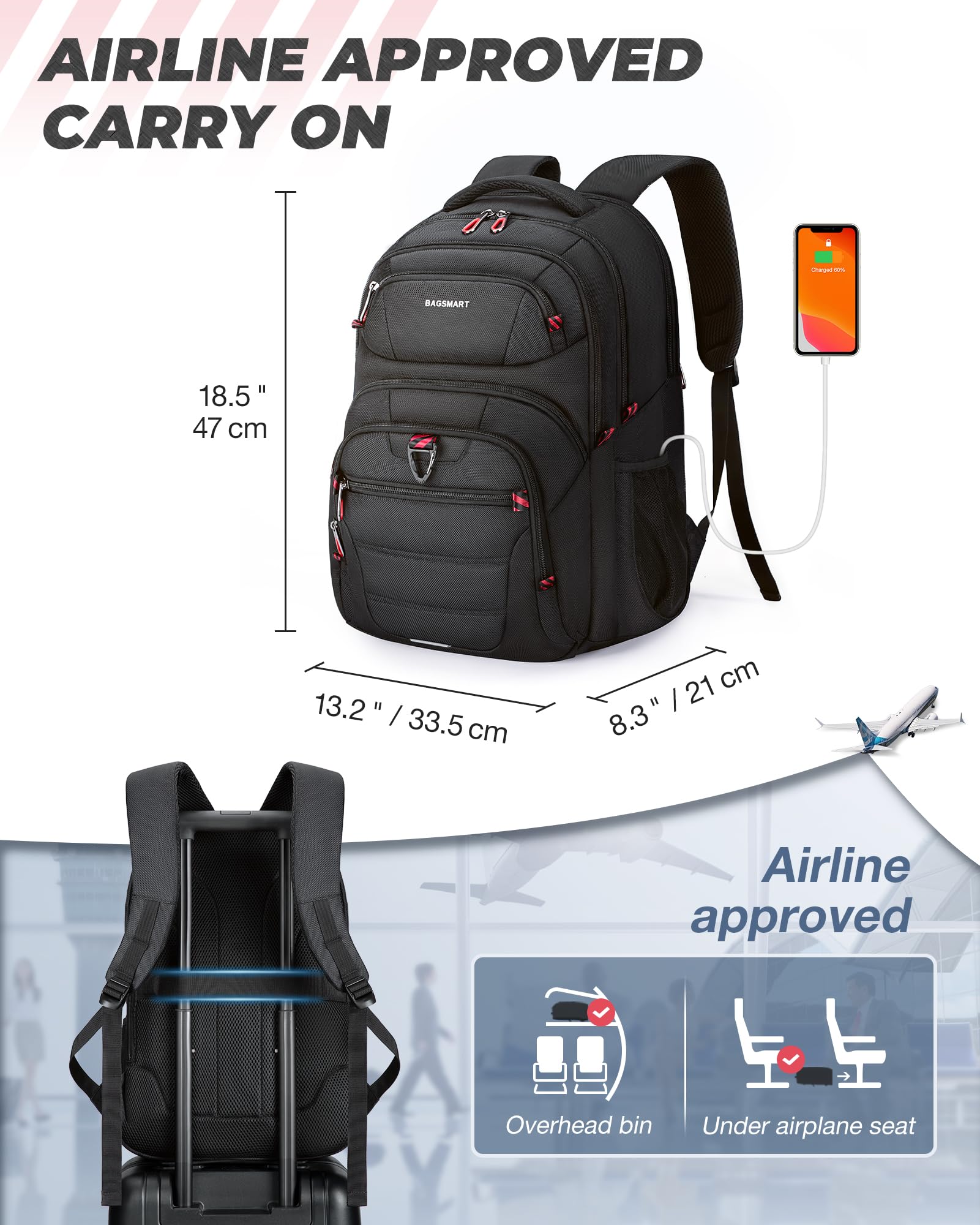 BAGSMART 17.3 Inch Water-Repellent Laptop Backpack for Men & Women - Airline Approved Carry On with USB Charging Port - Perfect for Business Travel, College, Hiking & Weekend Getaways (Black)