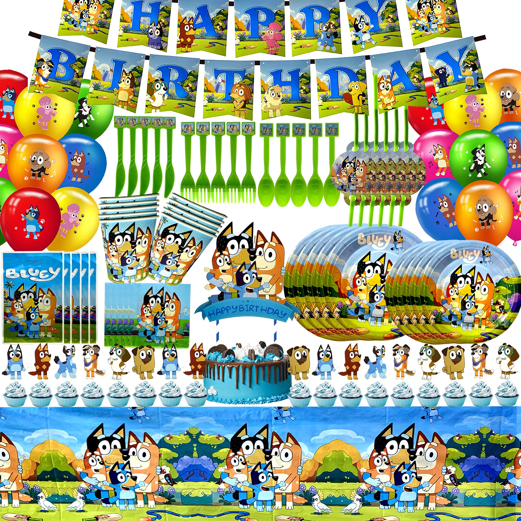 Cartoon Blue Dog Party Supplies Set - Banner, Balloons, Plates, Napkins, Cutlery, Cake Toppers, Cups & Straws for Birthday Party Decorations | Kids Shower Favors for Boys & Girls | Perfect for Birthday Parties, Baby Showers & Themed Events