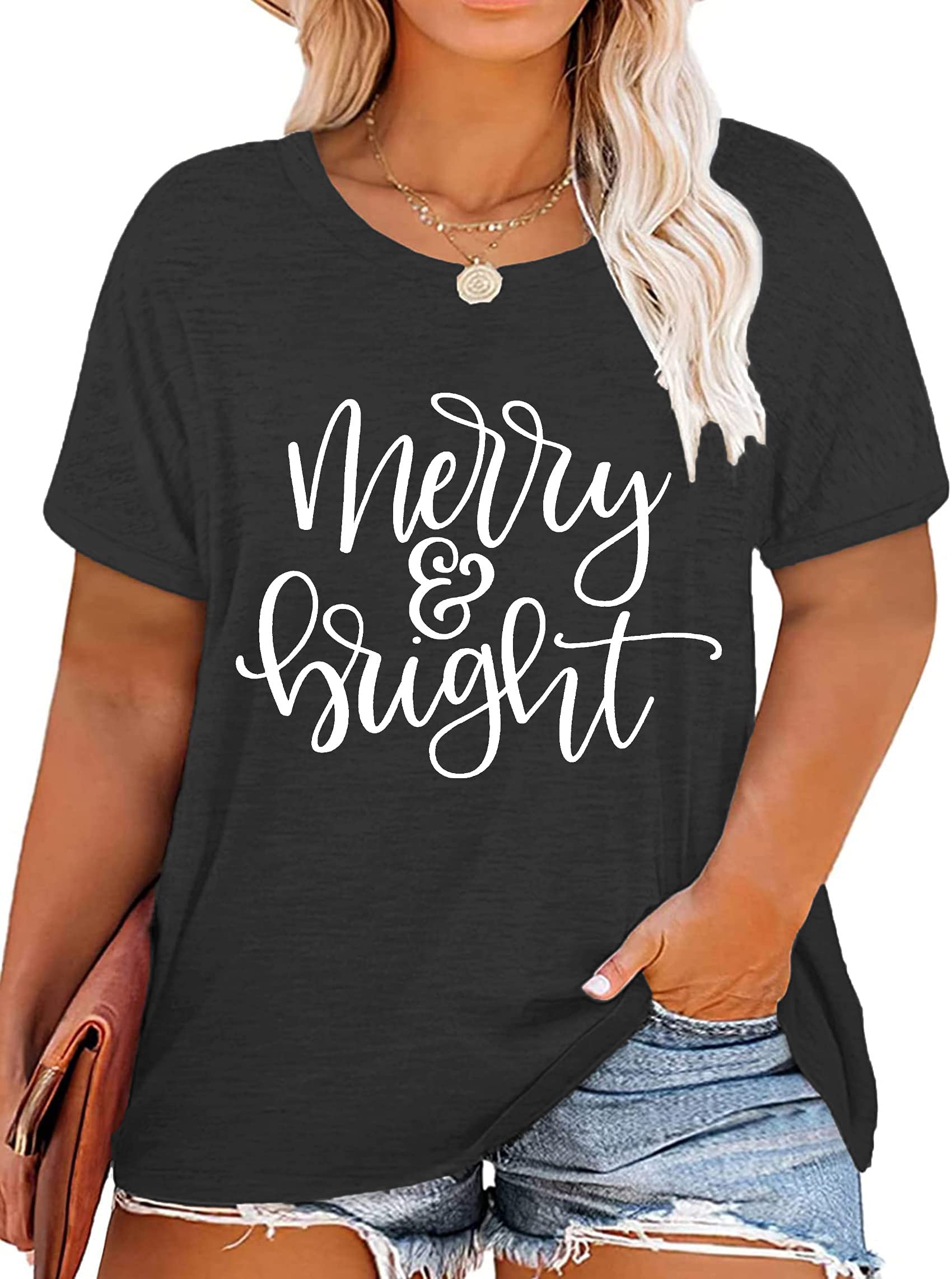**Merry and Bright Christmas Plus Size Shirt for Women - Oversized Holiday Tee, Festive Fall Tops - Perfect for Holiday Parties, Family Gatherings & Cozy Winter Outfits**