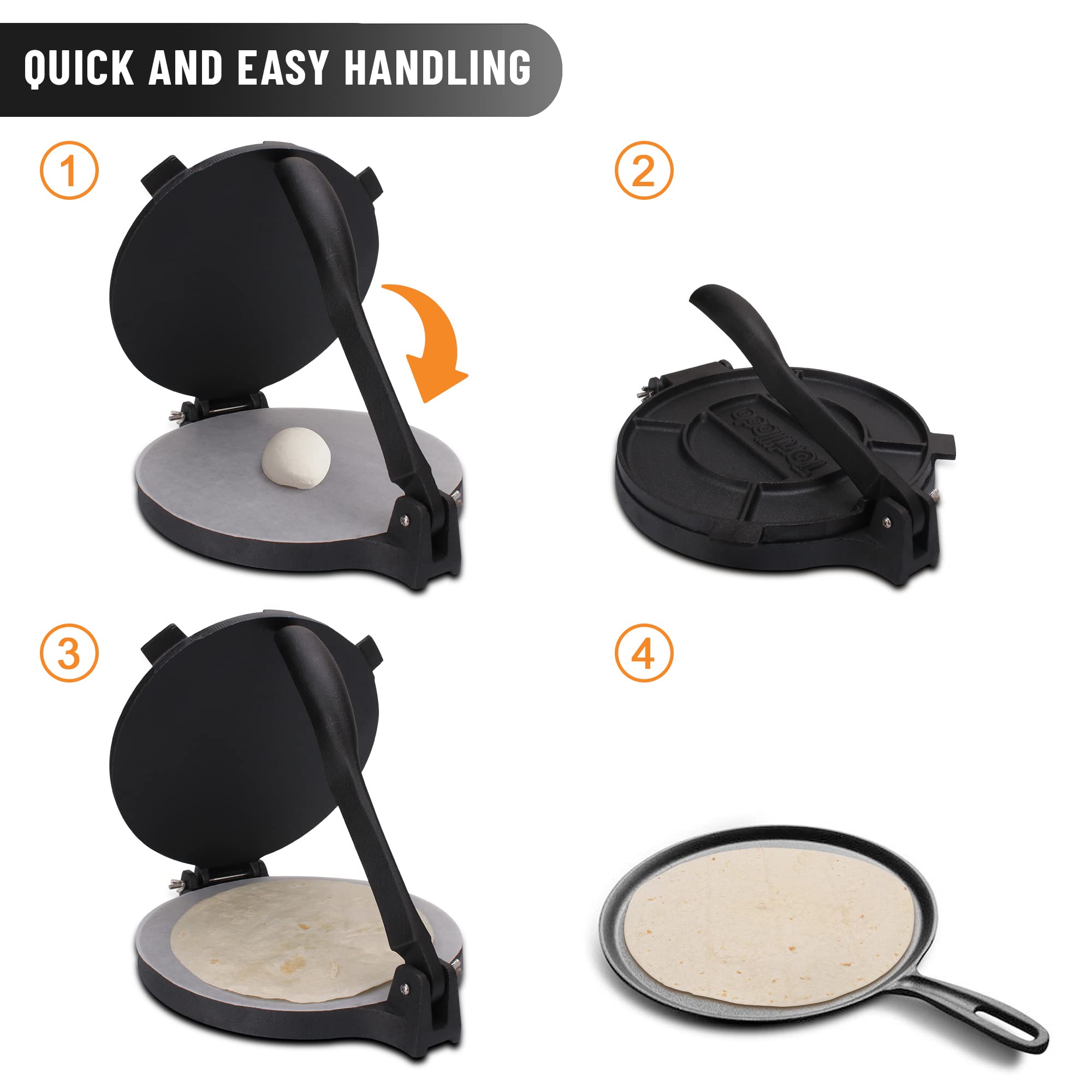 12 Inch Cast Iron Tortilla Press – Large Quesadilla & Roti Maker with Pre-Seasoned Surface & Free Recipe E-Book – Perfect for Making Homemade Tortillas, Flatbreads & Mexican Cuisine