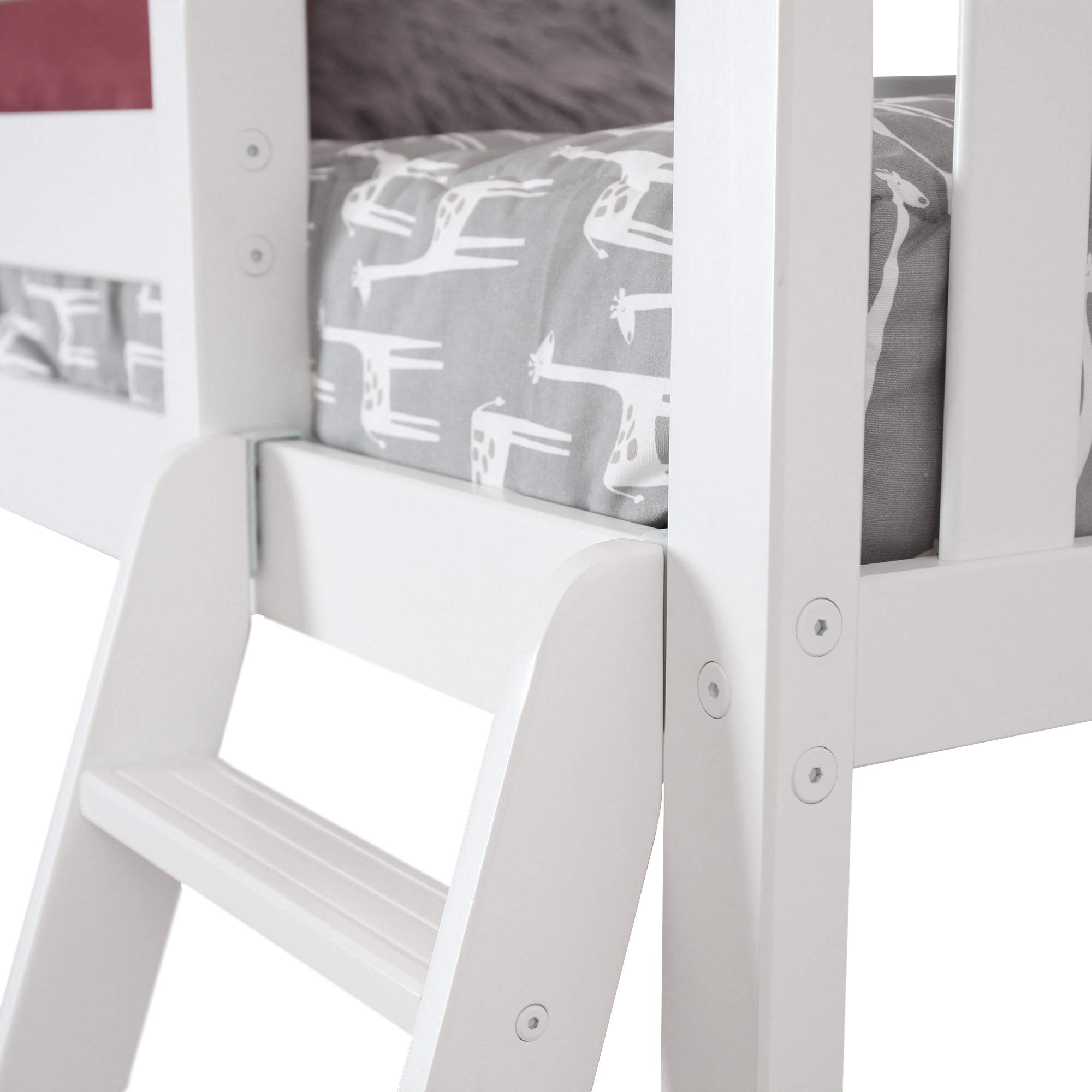 Max & Lily Low Loft Twin Bed Frame for Kids with Play Curtains - White & Blue - Space-Saving Kids Bedroom Furniture for Small Rooms & Play Areas