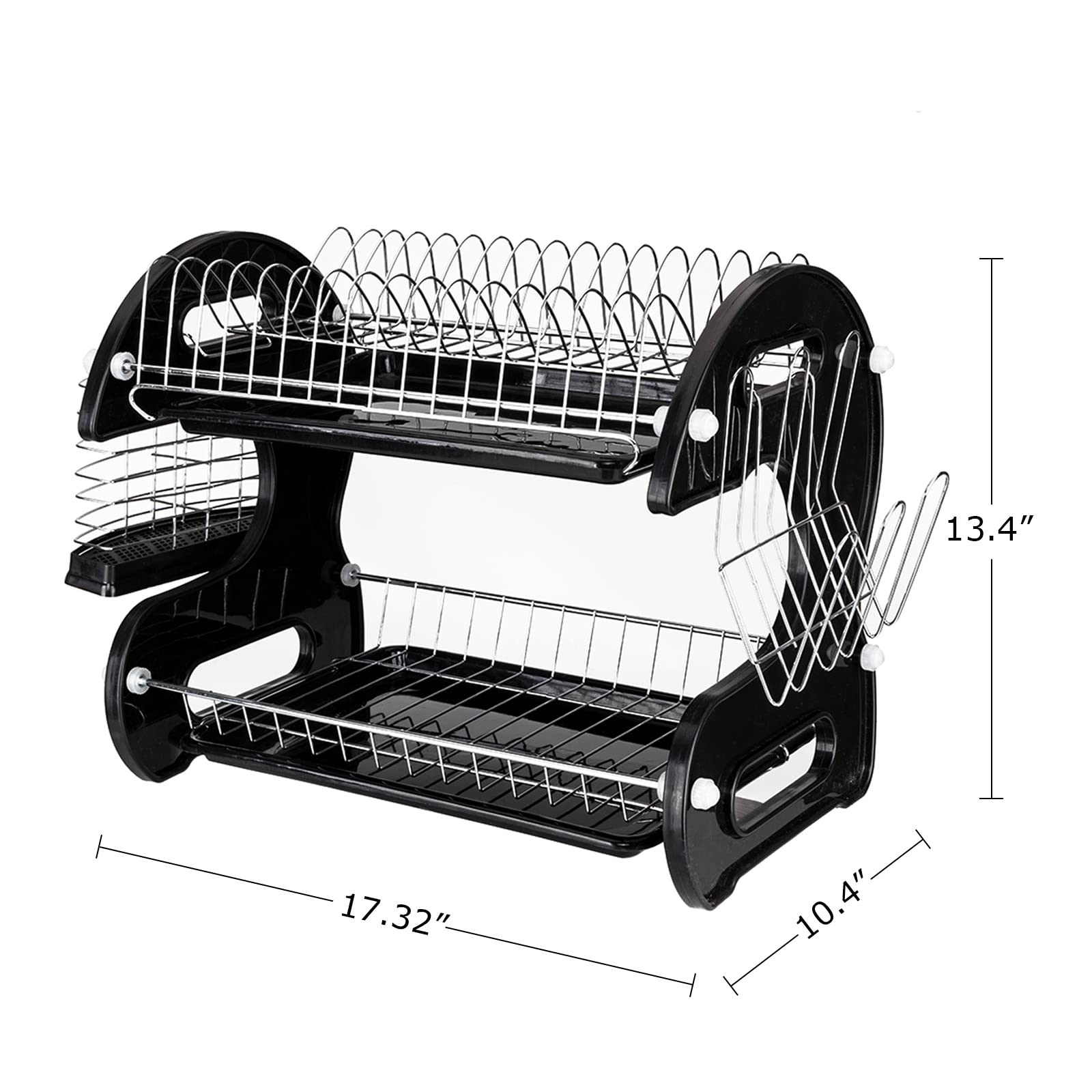 2-Tier Plastic Dish Drying Rack with Drainboard & Utensil Holders - Space Saving Kitchen Counter Organizer for Plates, Cups & Cutlery (Black/Silver, 17.3