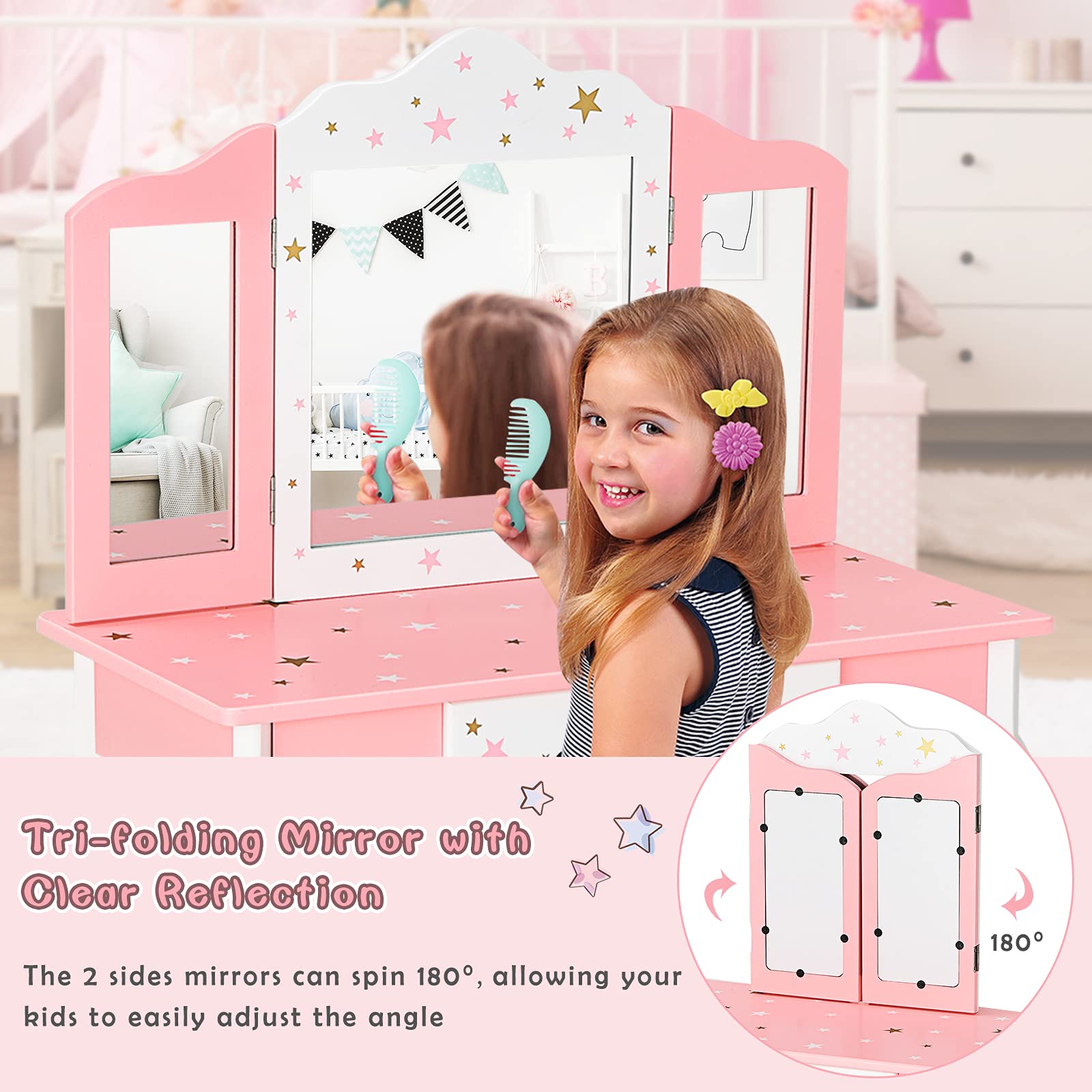 Princess Makeup Vanity Set for Girls with Mirror & Stool - Pretend Play Dress Up