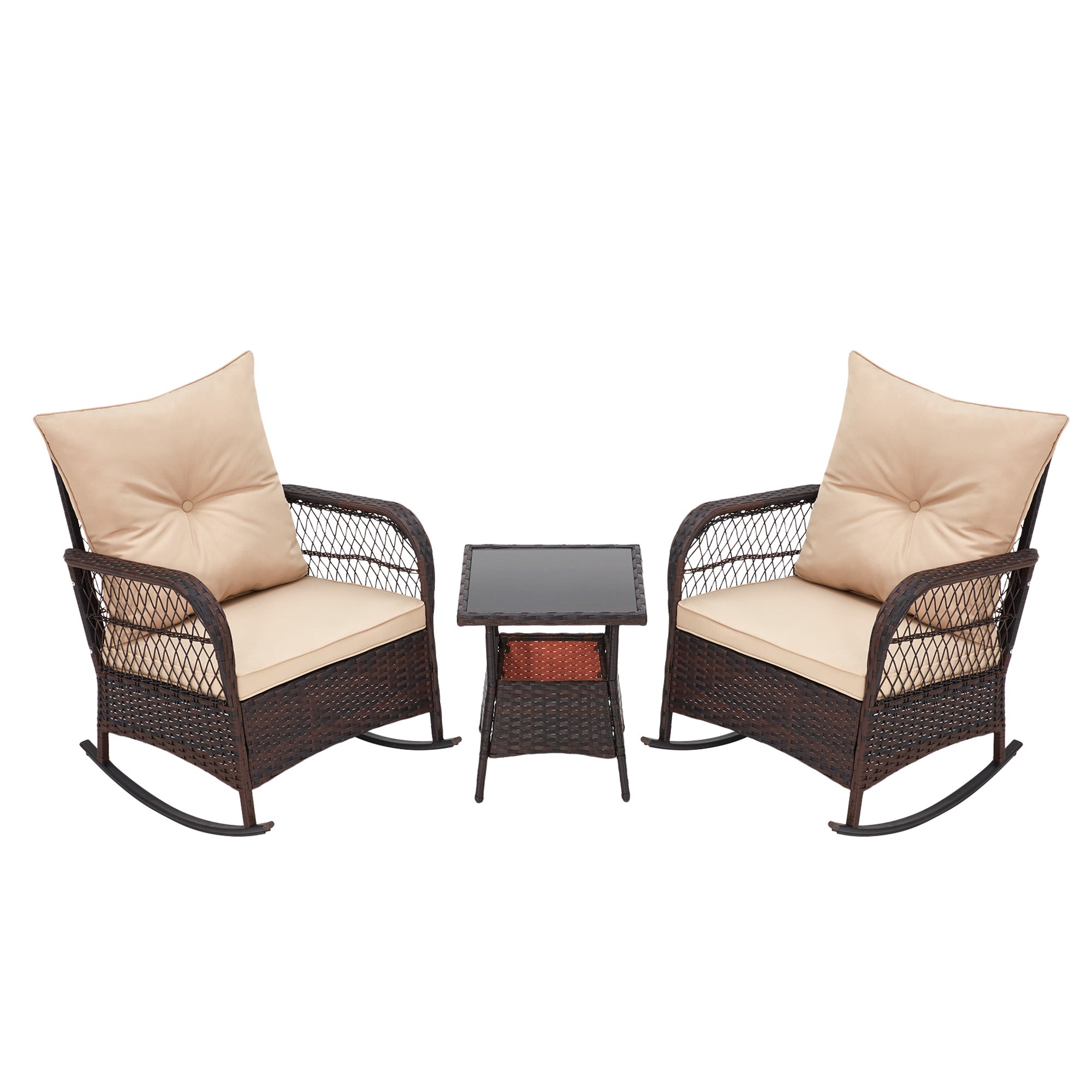 EROMMY 3-Piece Rocking Bistro Set - Outdoor PE Rattan Rocking Chairs with Tempered Glass Coffee Table in Beige - Perfect for Patio, Garden, and Backyard Relaxation