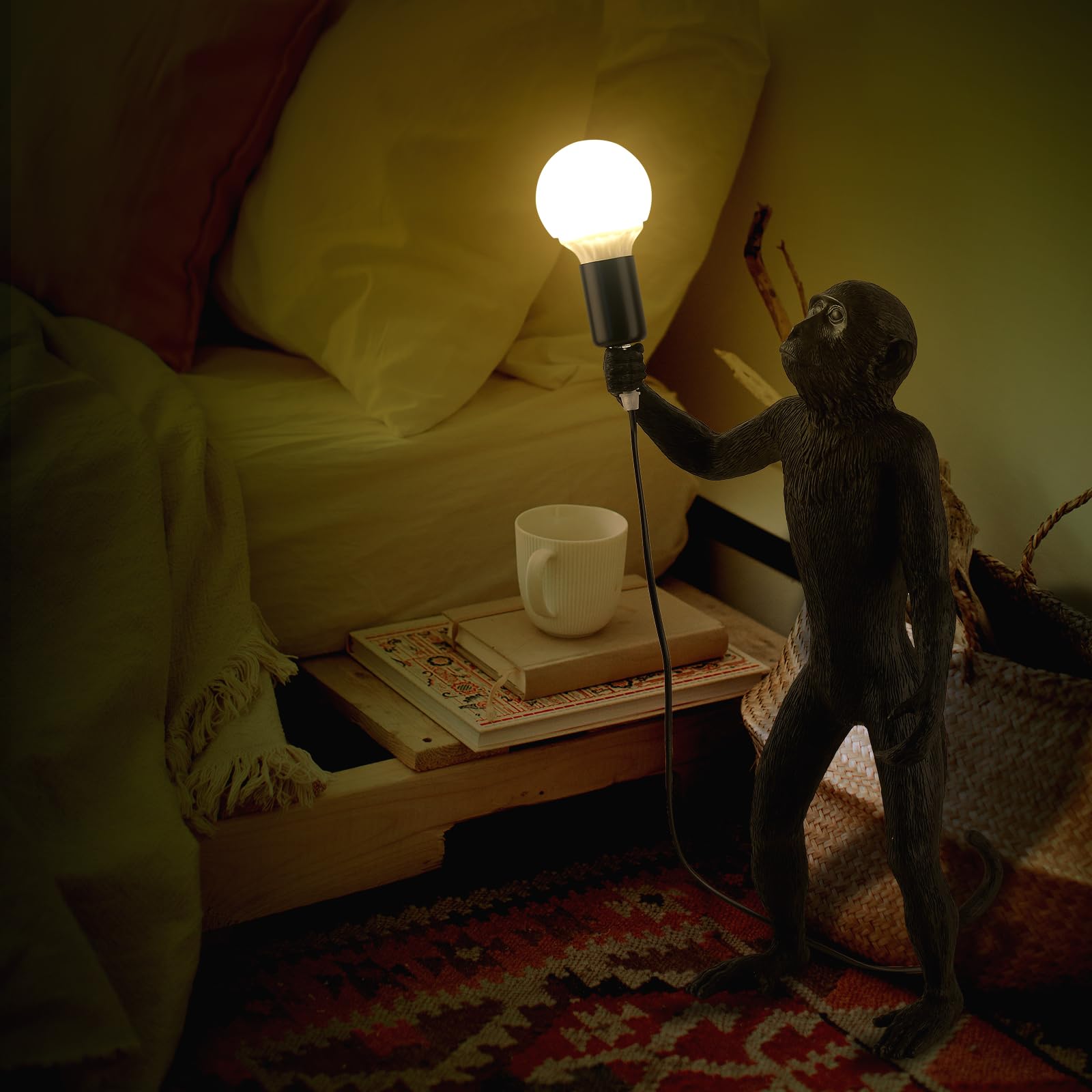 Modern Resin Standing Monkey Table Lamp - LED Desk Lamp for Home Decor, Bedroom, Living Room, Office & Kids Room - Animal-Themed Night Light for Reading & Ambient Lighting (Black Standing)