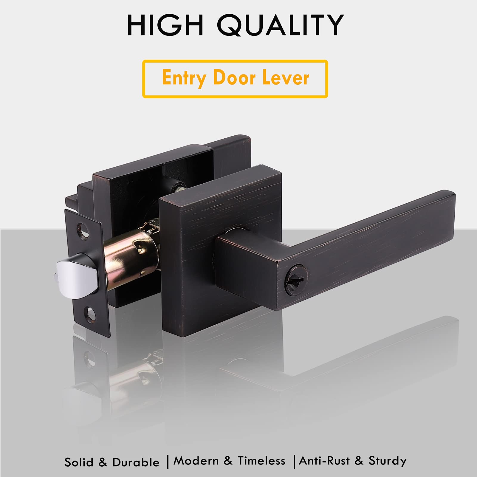 5 Pack Keyed Alike Entry Door Lever Set - Reversible Door Handle with Lock & Matching Keys - Oil Rubbed Bronze Square Interior/Exterior Lockset for Bedroom, Bathroom & Front Door - Perfect for Home Security & Easy Access Control