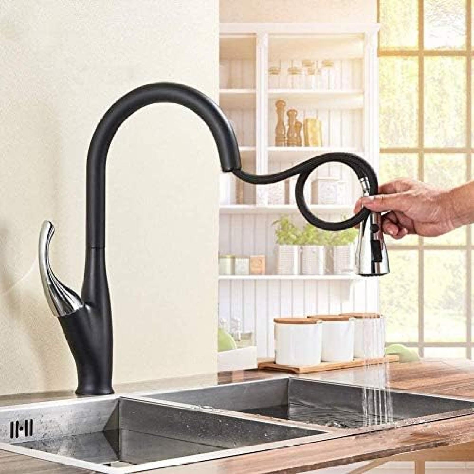 CRJUS Black Chrome Extendable Kitchen Faucet with Single Handle, Deck Mount Mixer Tap, Cold Water Shower Spout for Modern Kitchen Sink