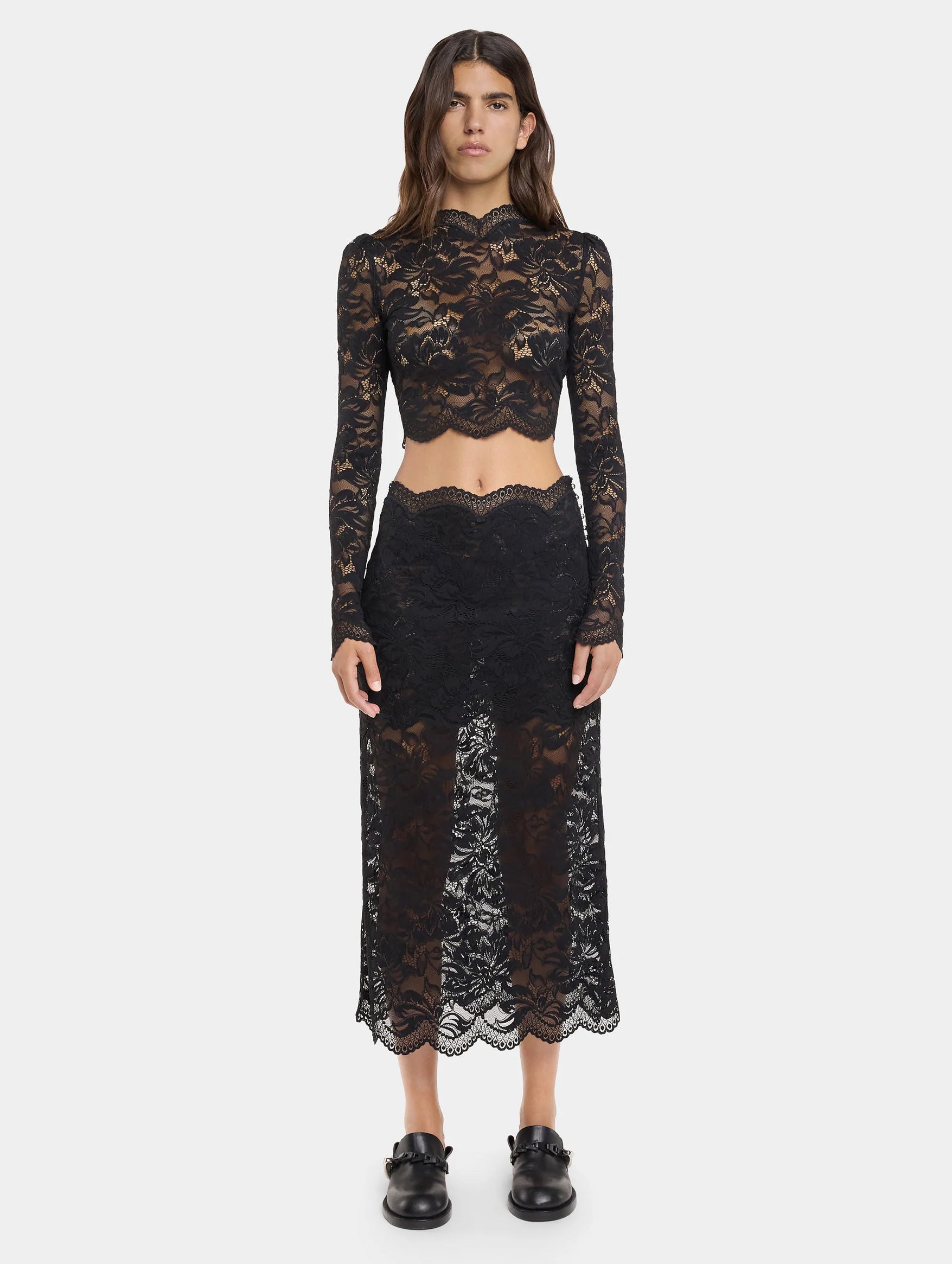 Elegant Black Lace Skirt for Women - Flowy A-Line Midi Skirt with Floral Embroidery - Perfect for Parties, Weddings & Date Nights