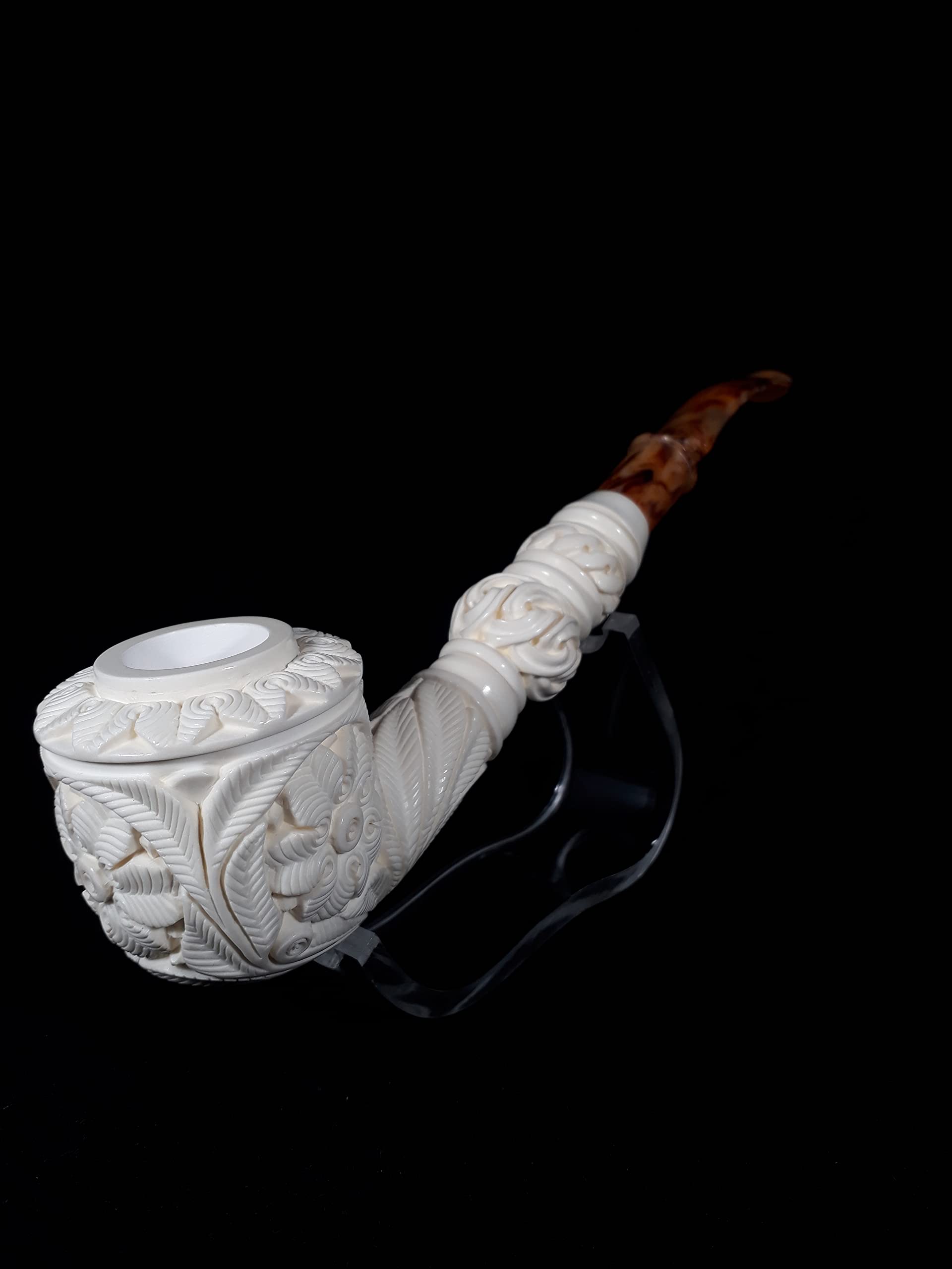 Premium Meerschaum Pipe with Floral Embossed Design & Bent Stem - Handcrafted from Solid Block Meerschaum | Perfect for Relaxing Smoke Sessions & Collector's Display