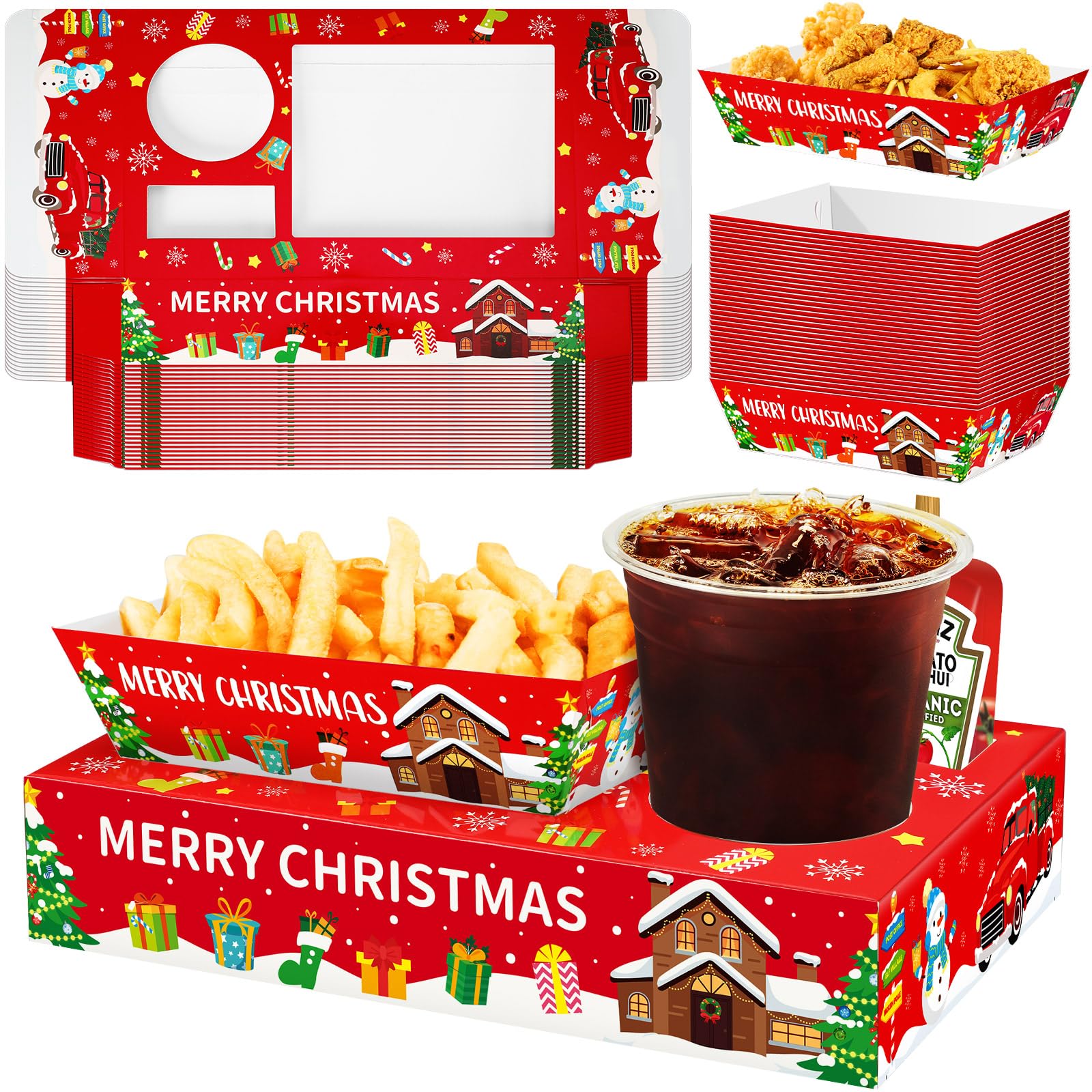 Jansun 36Pcs Christmas Movie Night Snack Trays - Candy Popcorn French Fries Serving Plates for Holiday Parties, Xmas Gatherings & Family Movie Nights