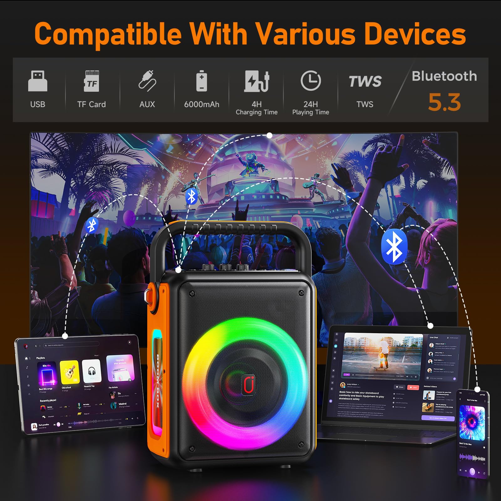 PPMIC Portable Bluetooth Karaoke Machine with 2 Wireless Mics - TWS, DJ Lights, Bass/Treble Control for Adults & Kids - Perfect for Parties, Outdoor Gatherings & Family Singing Fun