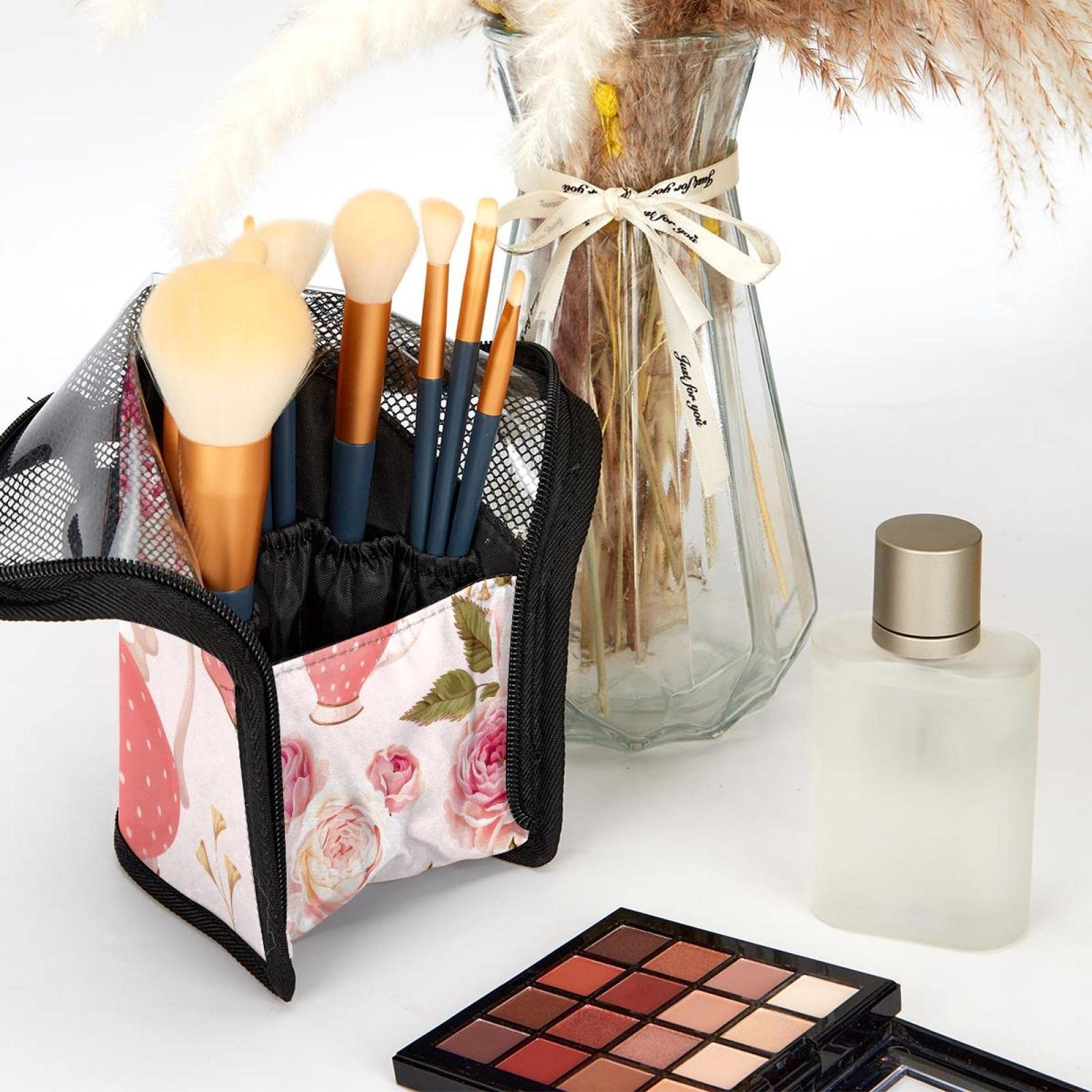 12-Piece Makeup Brush Organizer Bag - Pink Rose Teapot Flower Design, Portable Makeup Brush Holder Case for Travel & Home Storage | Perfect for Makeup Artists & Beauty Enthusiasts