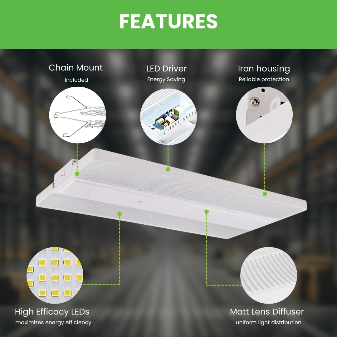 500W LED Linear High Bay Light - 4ft Frosted Lens with Chain Mount - UL & DLC Certified - Ideal for Warehouses, Factories & Commercial Spaces