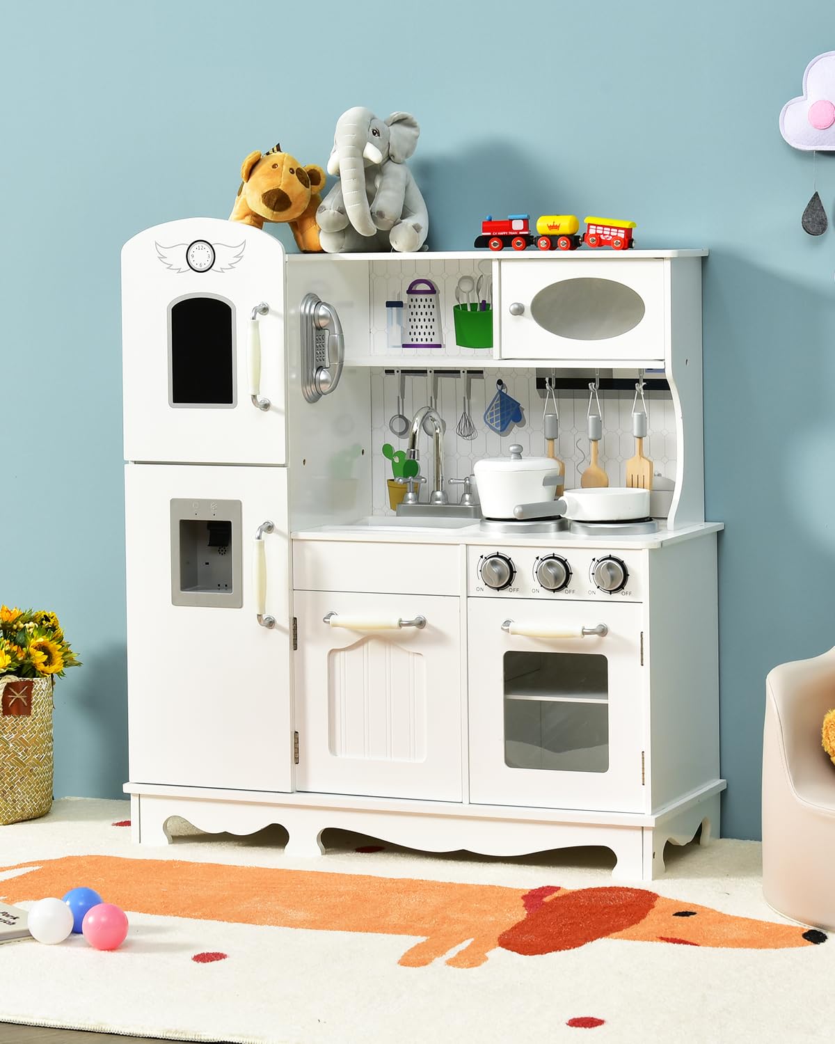 Fireflowery Kids Kitchen Playset with Simulated Sound - Pretend Play Kitchen Toy for Toddlers Ages 3+ | Includes Utensils, Blackboard, Sink, Stovetop & Cabinets | Perfect Gift for Birthday & Christmas | Encourages Imaginative Play & Learning