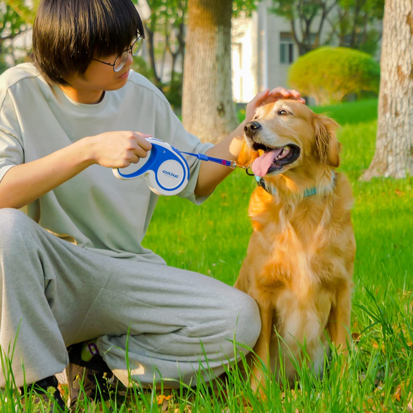 16FT Heavy Duty Retractable Dog Leash for Large Dogs up to 110lbs - Tangle-Free Nylon Tape with Reflective Stitching, Anti-Slip Handle & One-Hand Brake/Lock System (Blue, Large) - Perfect for Night Walks, Jogging & Outdoor Adventures with Your Pet