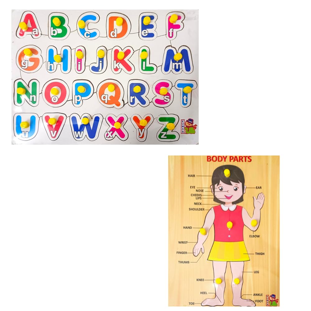 Combo of 2 Wooden Learning Boards - Alphabet & Body Parts Puzzle Set for Kids 3+ & Adults | Educational Wooden Toys for Early Childhood Development & Family Game Night