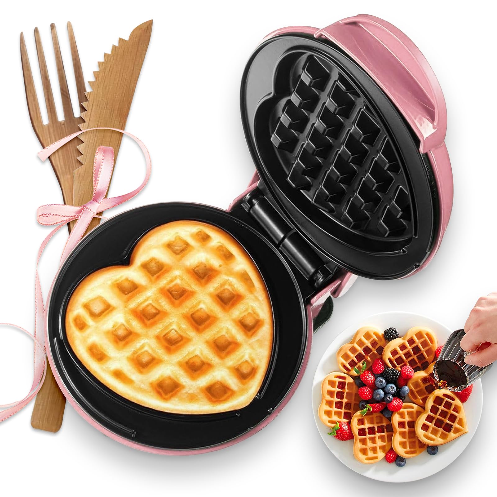 Mini Heart Waffle Maker - 4 Inch Non-Stick Keto Waffle Iron for Kids & Adults - Fast Even Heating - Perfect for Breakfast, Snacks & Keto Diet (Pink)