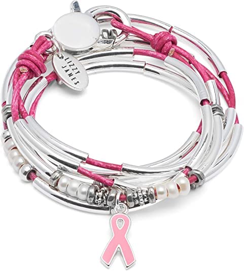 Amelia Silver Wrap Bracelet Necklace with Pink Enamel Breast Cancer Awareness Charm - Adjustable Distressed Pink Leather Jewelry for Women - Perfect for Fundraising Events, Daily Wear & Gift Giving
