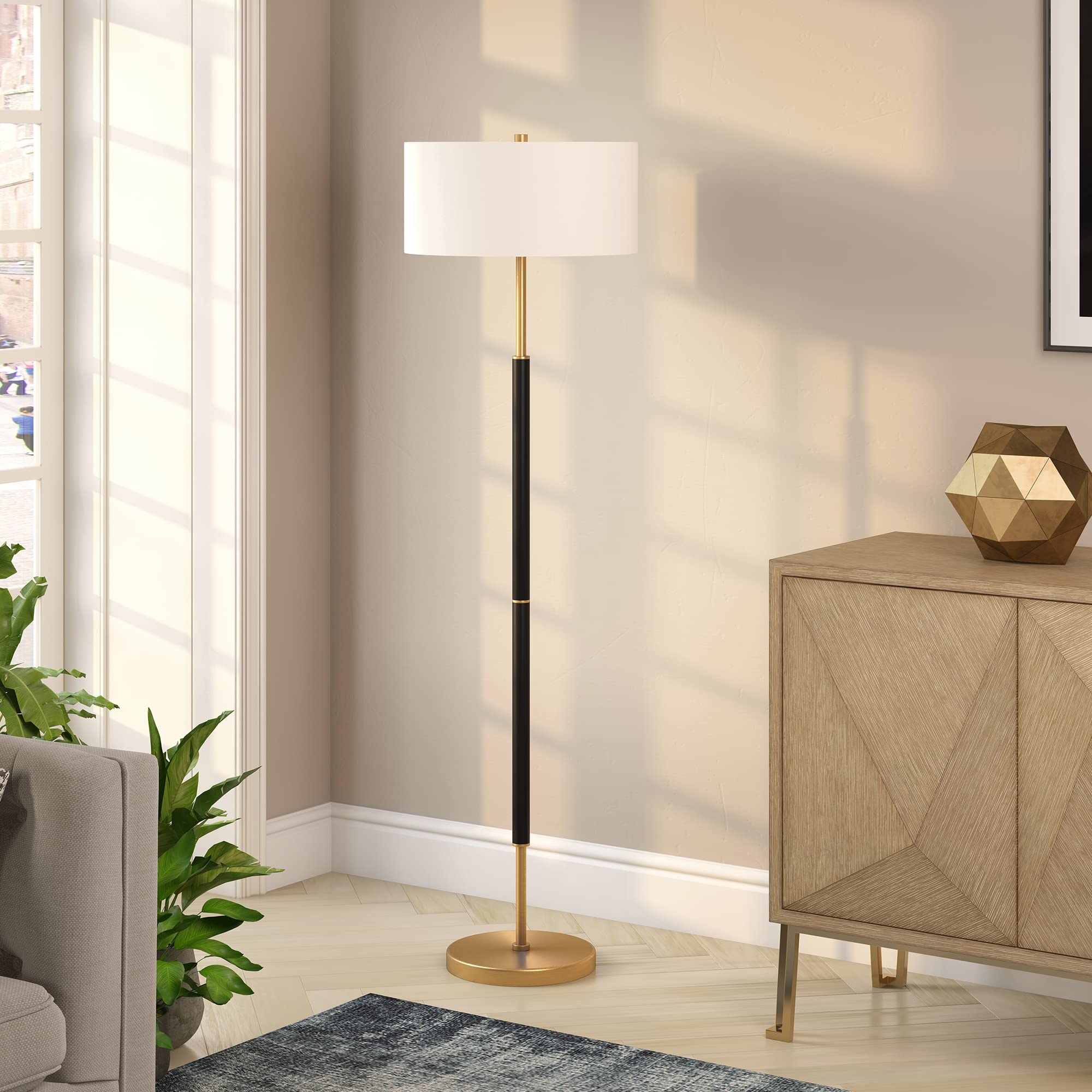 Henn&Hart 2-Light Modern Floor Lamp with Fabric Shade - Matte Black/Brass/White Finish - 61