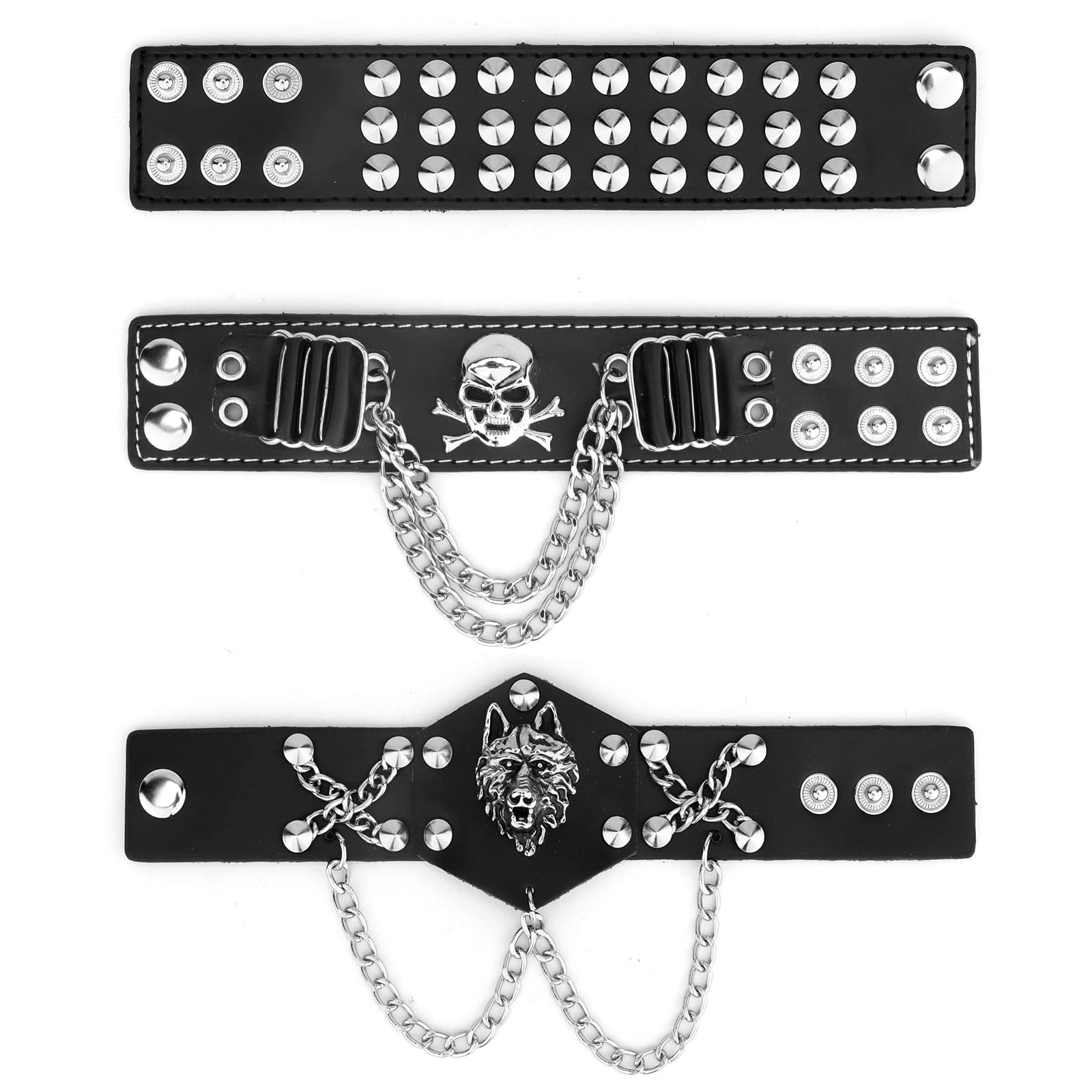 **YARIEW 3-Piece Spike Studded Rivet Punk Rock Biker Leather Bracelet Set - Adjustable Wide Strap Chain Wristband for Men - 80s Costume Accessories + 6-Piece Temporary Tattoo Sleeves - Perfect for Halloween, Rock Concerts, and Biker Events**