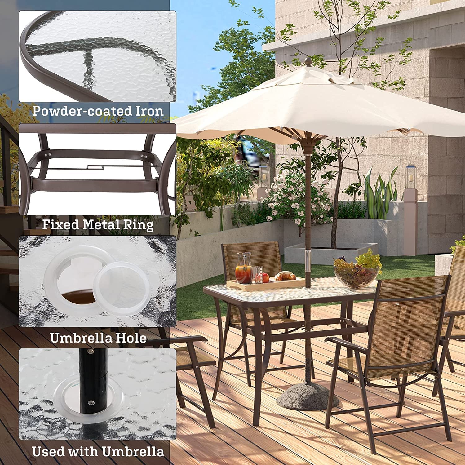 SogesPower 47 Inch Outdoor Tempered Glass Patio Dining Table with Umbrella Hole - Weather-Resistant Steel Frame in Elegant Brown - Perfect for Backyard, Garden, Poolside & Outdoor Entertaining